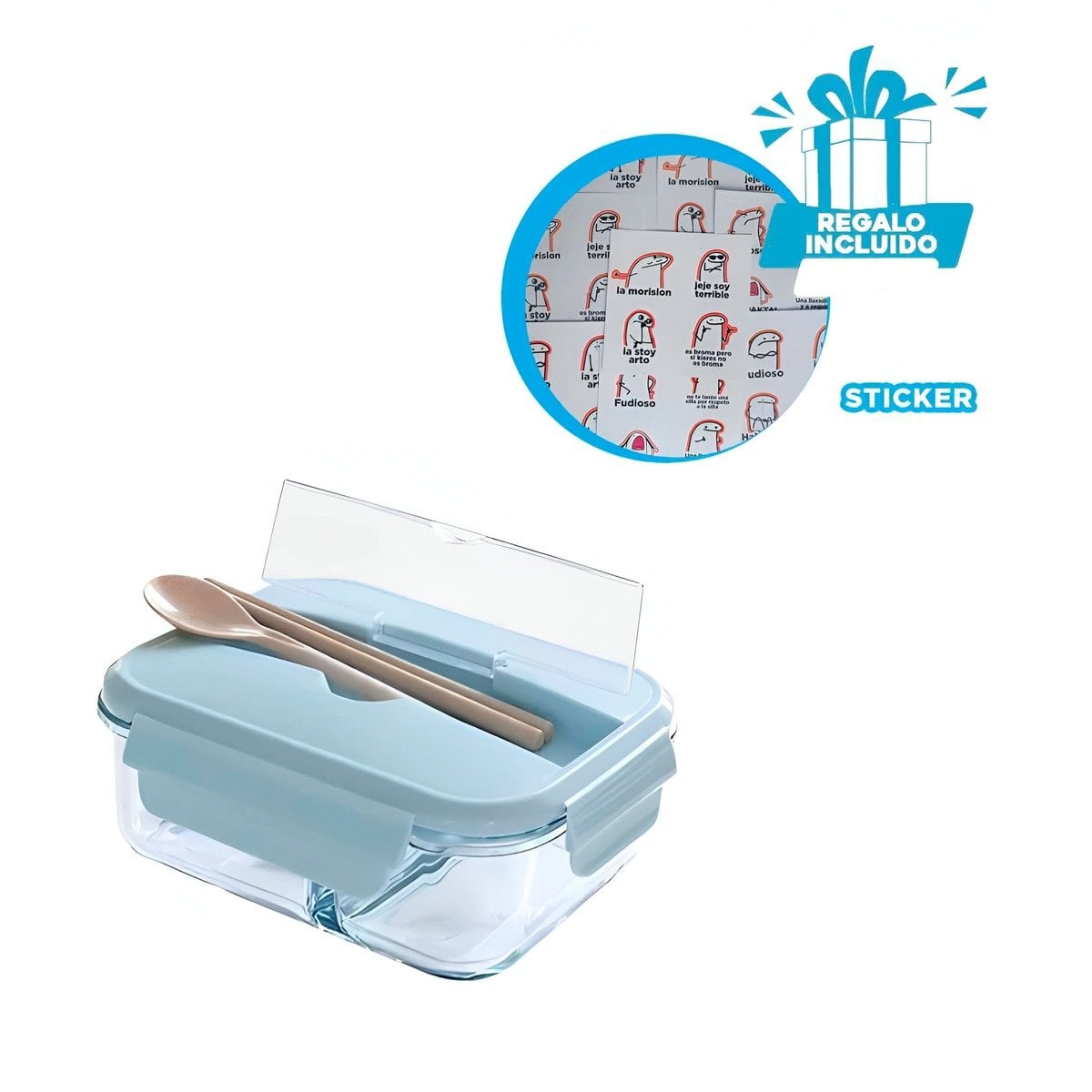 CONTENEDOR HERMETICO CON 2 COMPARTIMENTOS PARA COMIDAS Y FRUTAS CELESTE Y+REGALO STICKER - 1