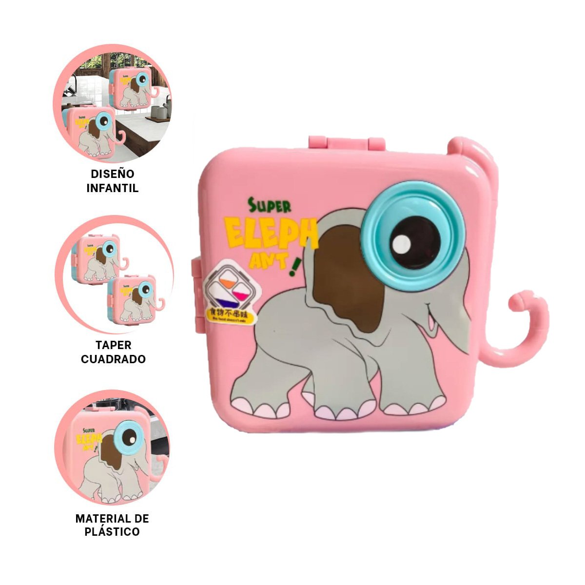 CONTENEDOR CUADRADO ELEFANTE CON SEPARADORES PARA ALMUERZO ROSADO 1600ML - 3