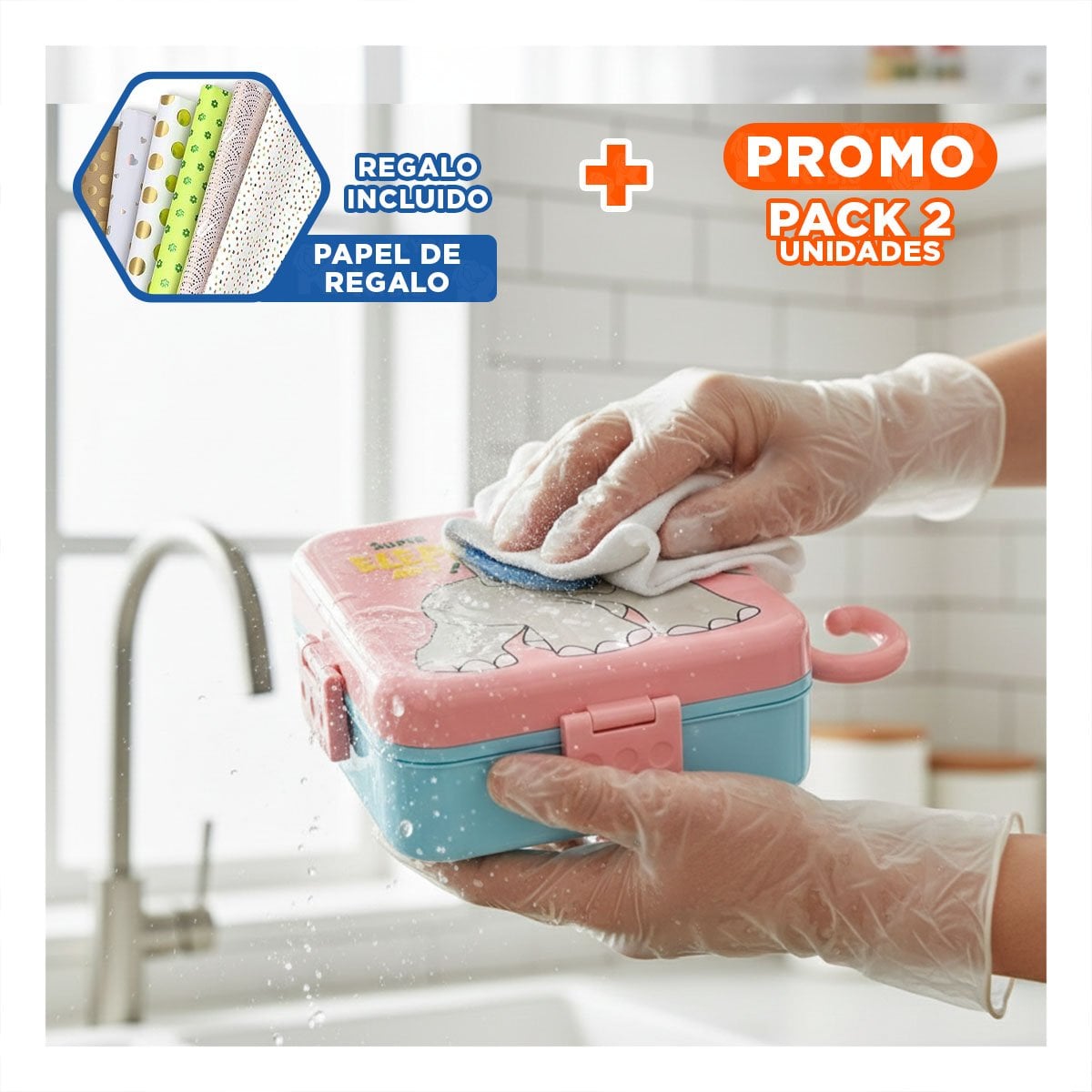 PACK2 UNIDAD CUADRADA ELEFANTE PARA PREPARAR LONCHERAS ROSADO 1600ML Y+PAPEL REGALO - 1