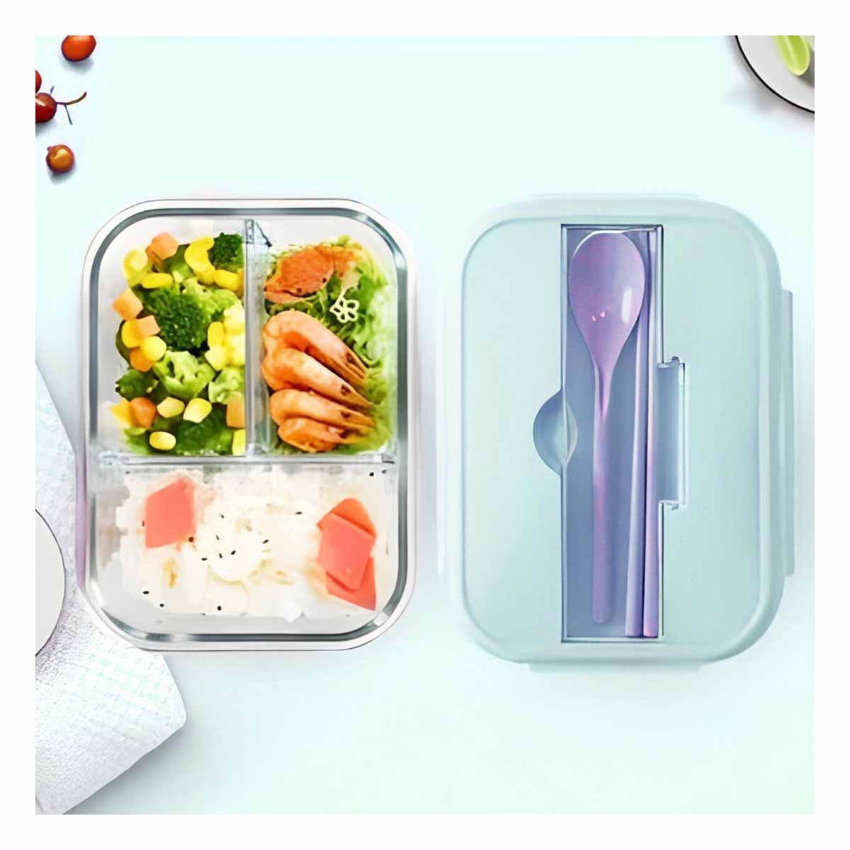 PACK4 RECIPIENTE DE VIDRIO CON 3 COMPARTIMENTOS PARA COMIDA FAMILIAR TAPA CELESTE - 5