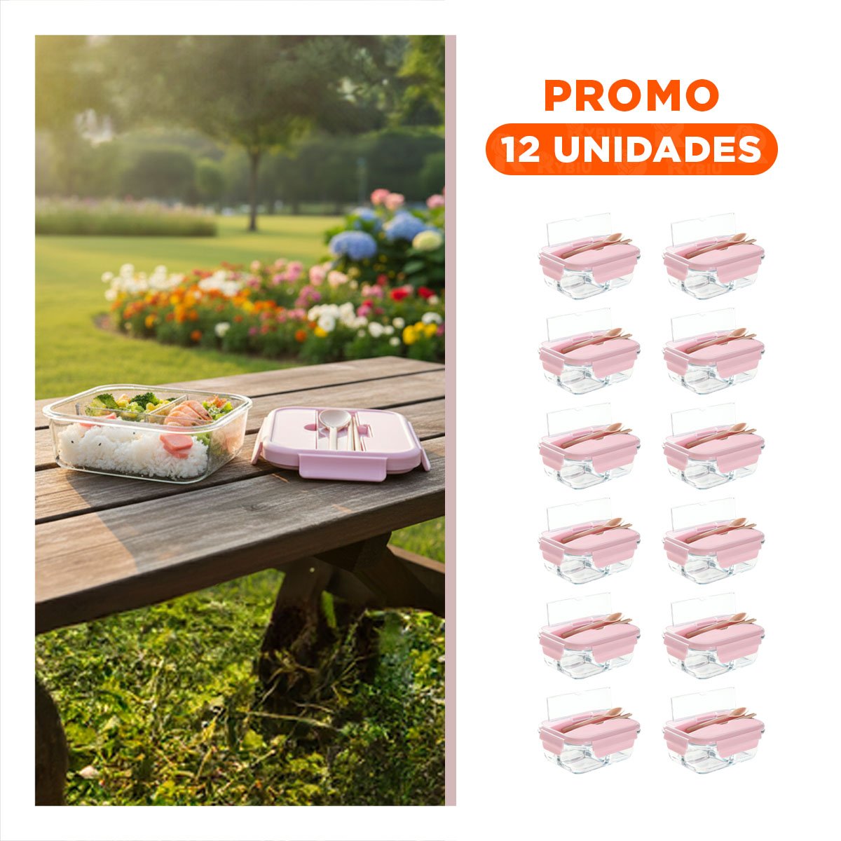 PACK12 CUBETA CON CUBIERTOS 3 DIVISIONES PARA MENU DIARIO TAPA ROSADO Y+REGALO STICKER - 1