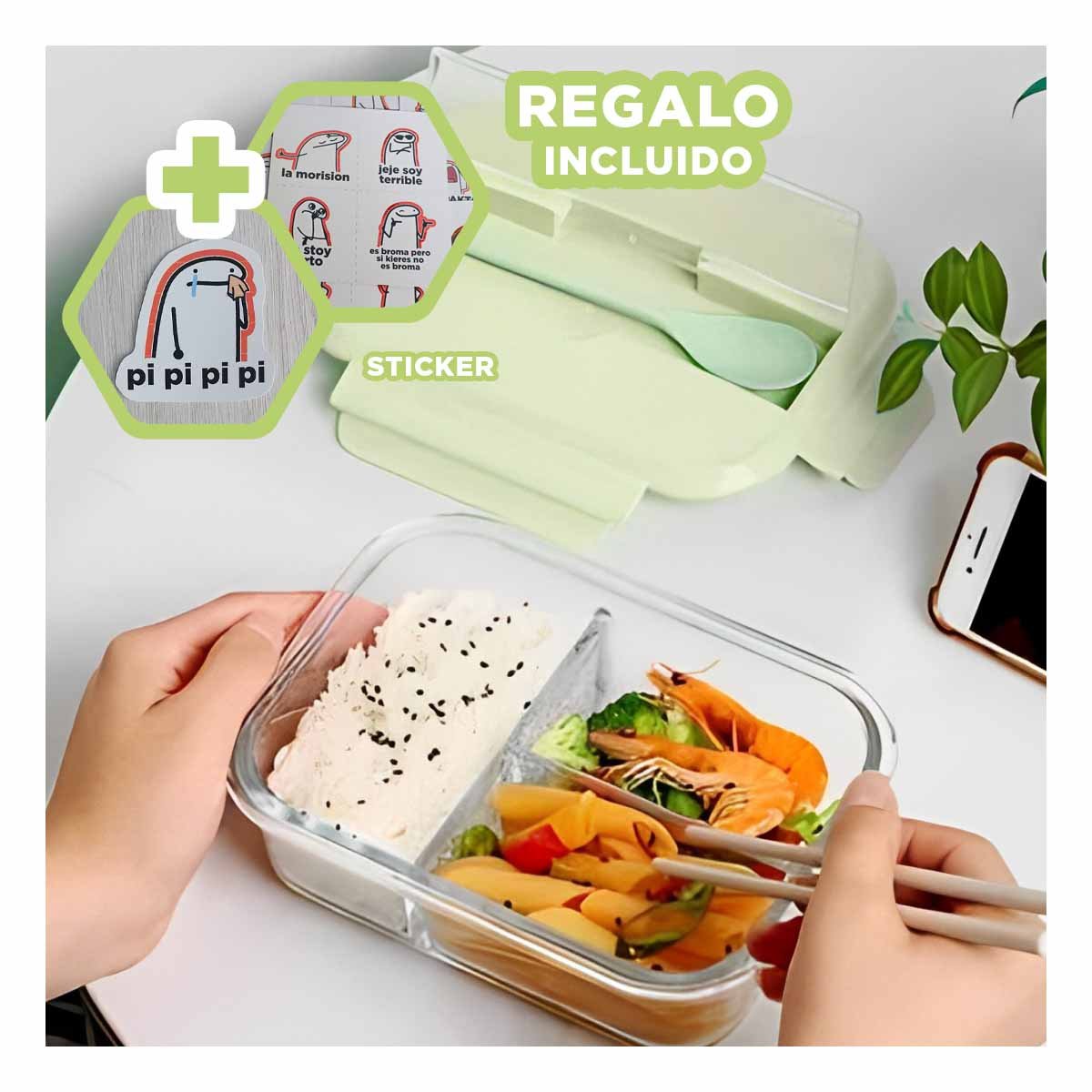 RECIPIENTE DE VIDRIO CON DIVISIONES PARA POSTRES Y PREPARACIONES TAPA VERDE Y+REGALO STICKER - 1