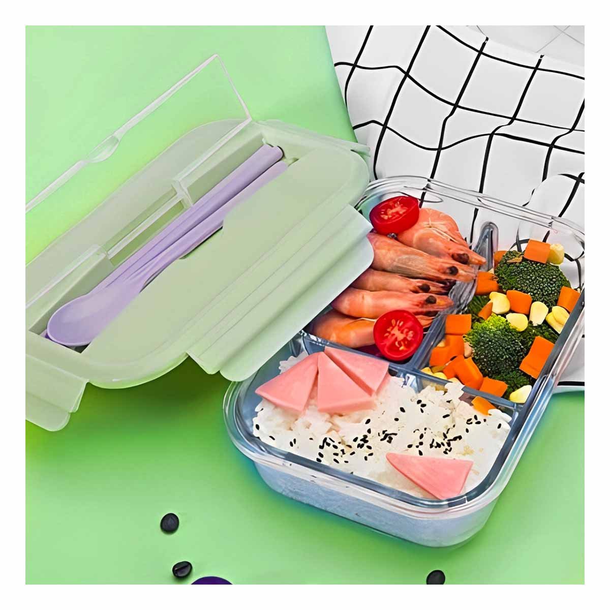 RECIPIENTE DE VIDRIO CON DIVISIONES PARA POSTRES Y PREPARACIONES TAPA VERDE Y+REGALO STICKER - 2