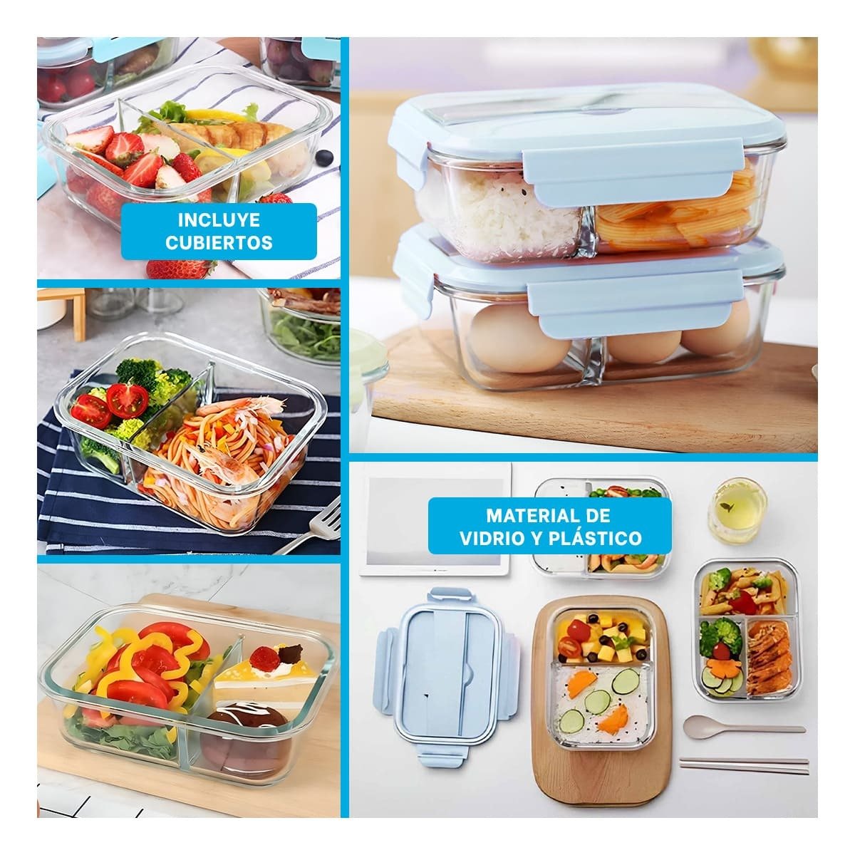 CONTENEDOR DE VIDRIO PARA ALMUERZO EN OFICINA O ESCUELA CELESTE Y+LIGAS REGALO - 5