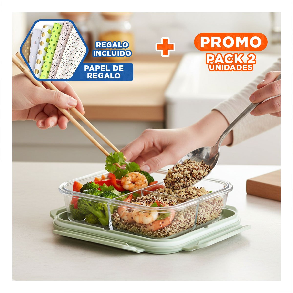 PACK2 ENVASE DE VIDRIO CON CUBIERTOS PARA PREPARACIONES RAPIDAS TAPA VERDE Y+PAPEL REGALO - 1