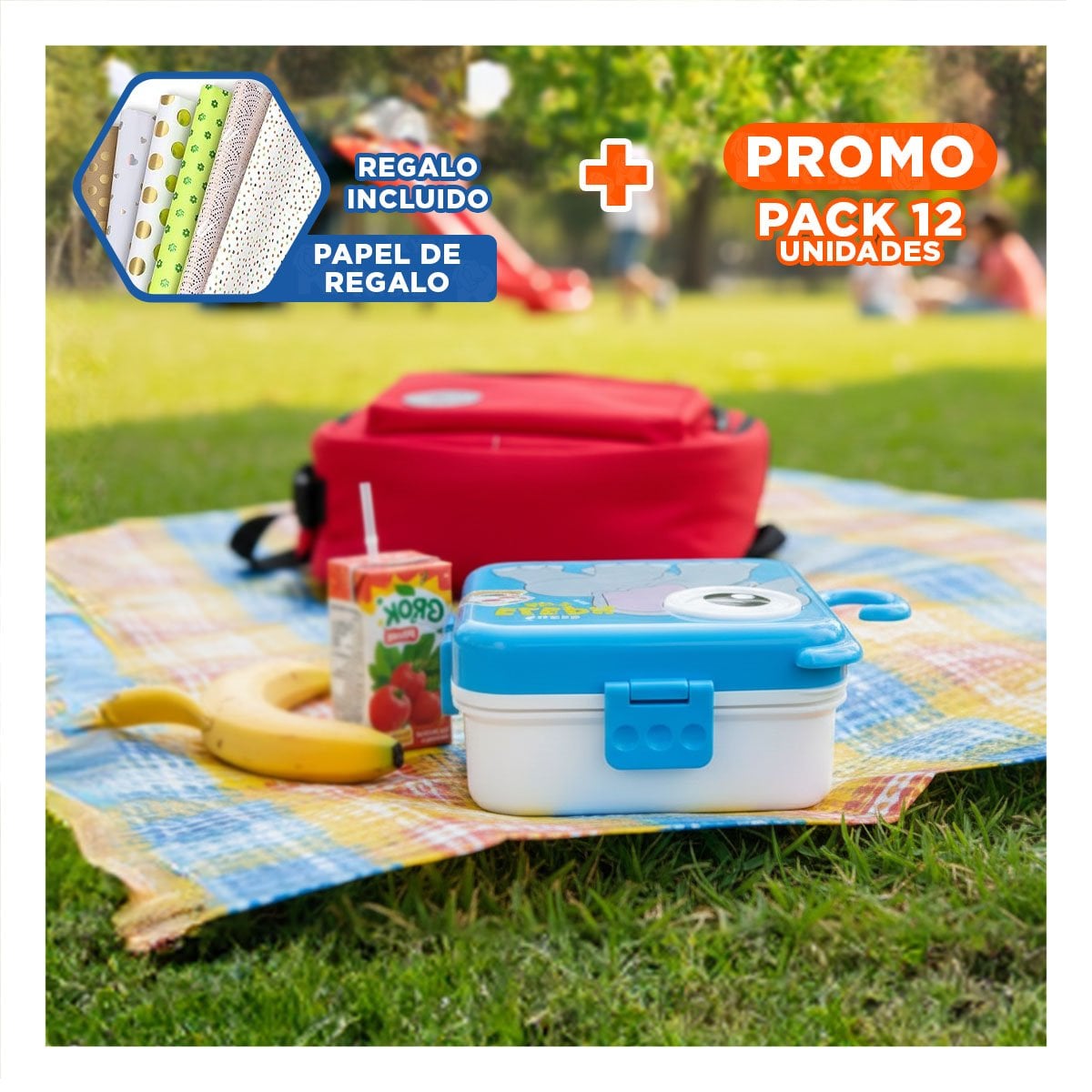 PACK12 ESTUCHE ESTILO ELEFANTE CON 3 DIVISIONES PARA BOCADILLOS Y FRUTAS AZUL Y+PAPEL REGALO - 1