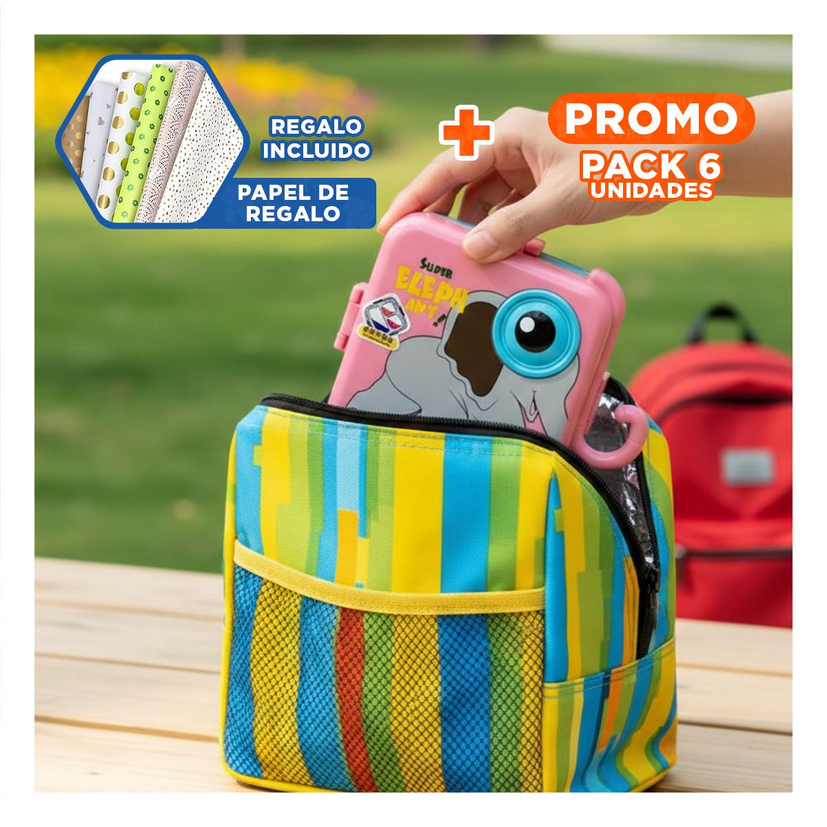 PACK6 ALMACENADOR ELEFANTE CON SEPARADORES PARA SNACKS ROSADO 1600ML Y+PAPEL REGALO - 1