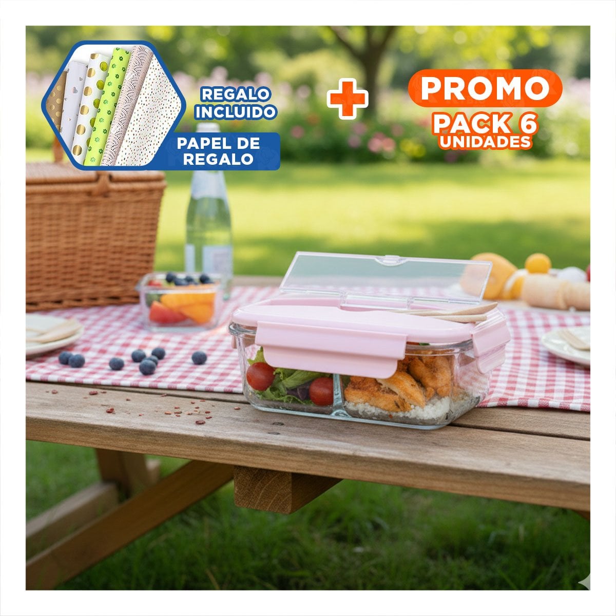 PACK6 UNIDAD CON CUBIERTOS 3 DIVISIONES PARA PREPARAR LONCHERAS TAPA ROSADO Y+PAPEL REGALO - 1