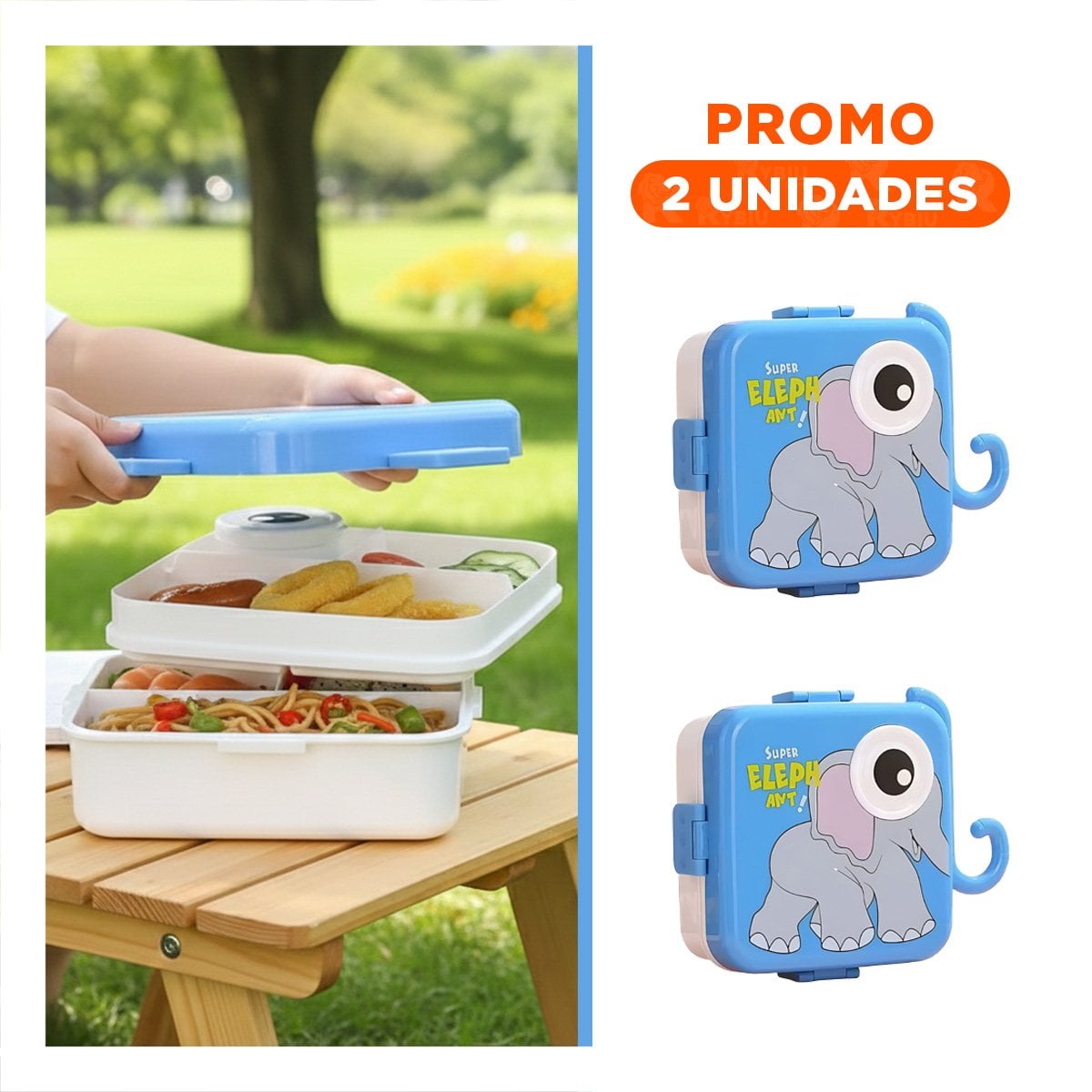 PACK2 ENVASE ESTILO ELEFANTE CON 3 DIVISIONES PARA SANDWICHES Y VERDURAS AZUL - 1