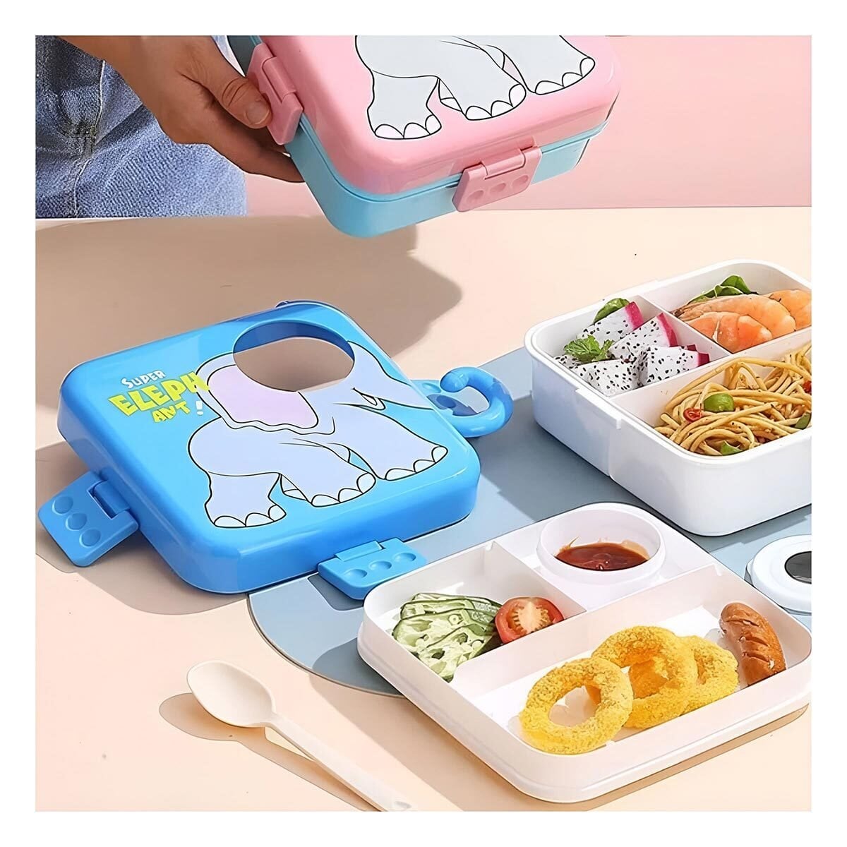 PACK2 ENVASE ESTILO ELEFANTE CON 3 DIVISIONES PARA SANDWICHES Y VERDURAS AZUL - 3