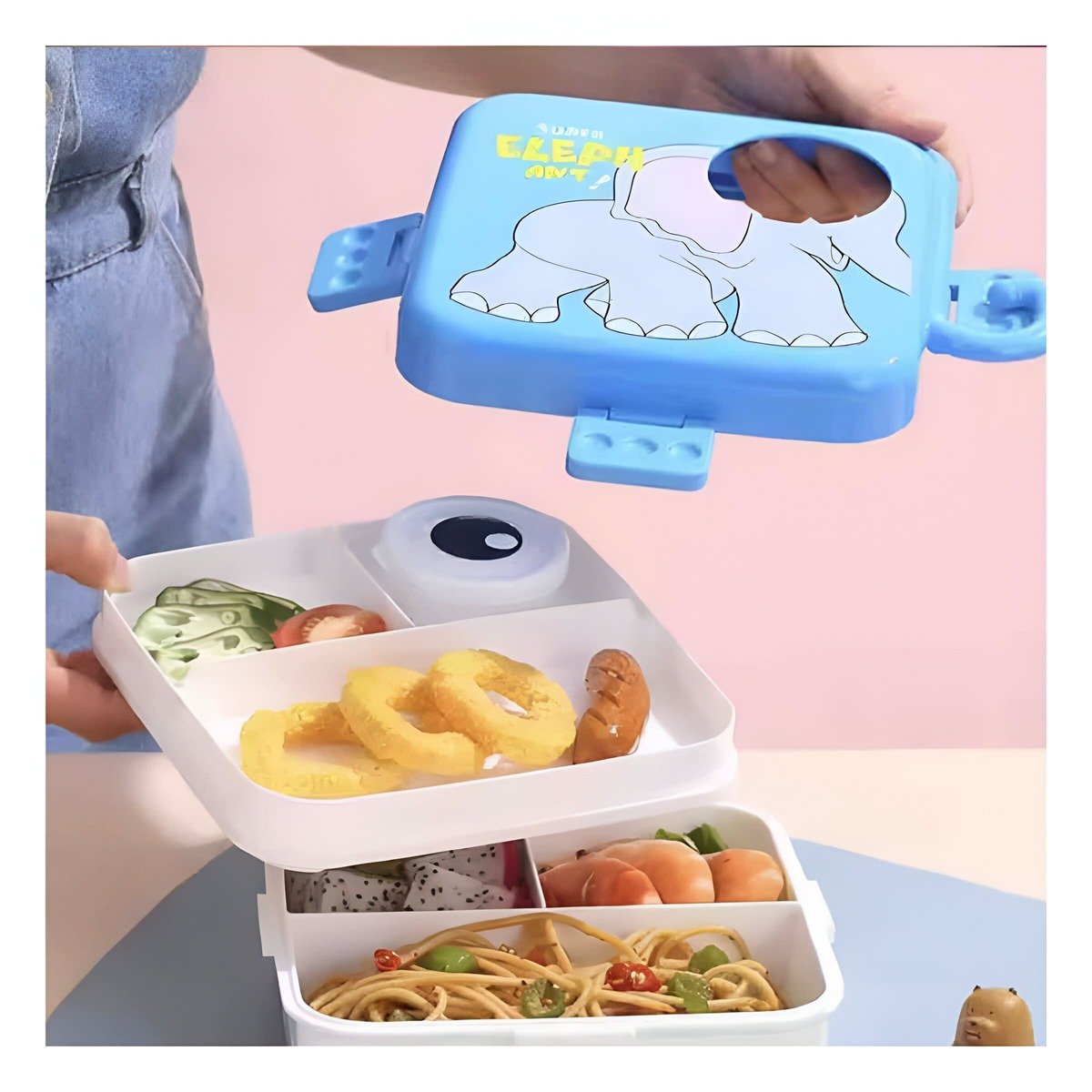 PACK4 ENVASE ESTILO ELEFANTE CON 3 COMPARTIMENTOS PARA PASTA Y SNACK AZUL - 5