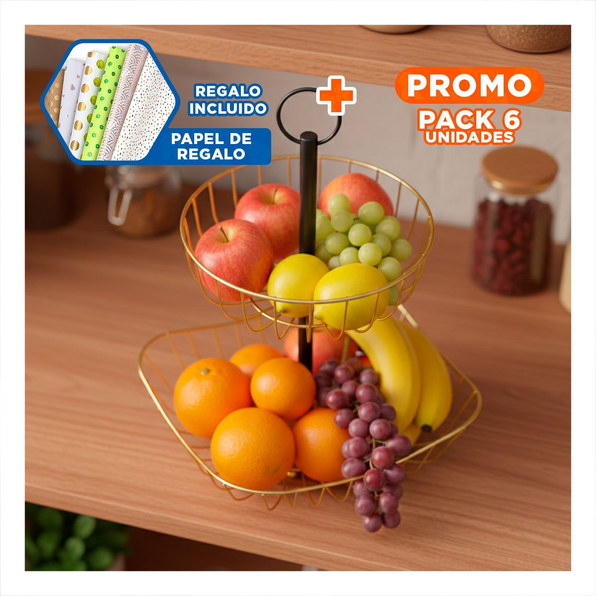 PACK6 TORRE DE FRUTAS ELEGANTE PARA COCINA Y COMEDOR DORADO Y+PAPEL REGALO - 1