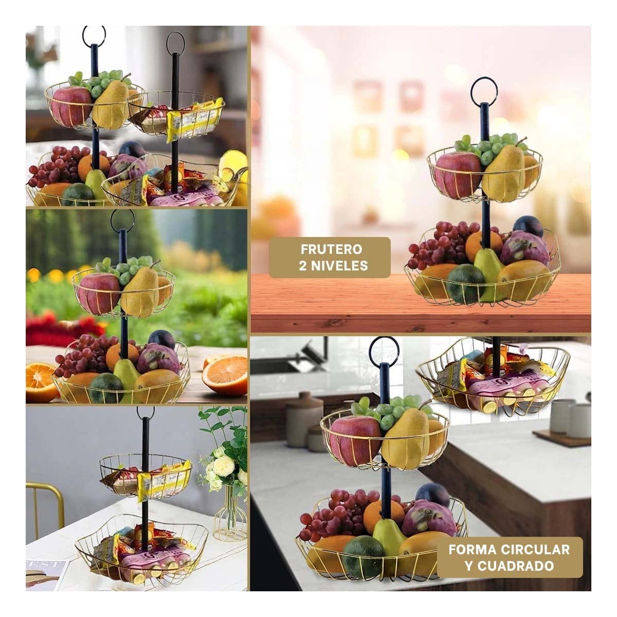 PACK6 TORRE DE FRUTAS ELEGANTE PARA COCINA Y COMEDOR DORADO Y+PAPEL REGALO - 3