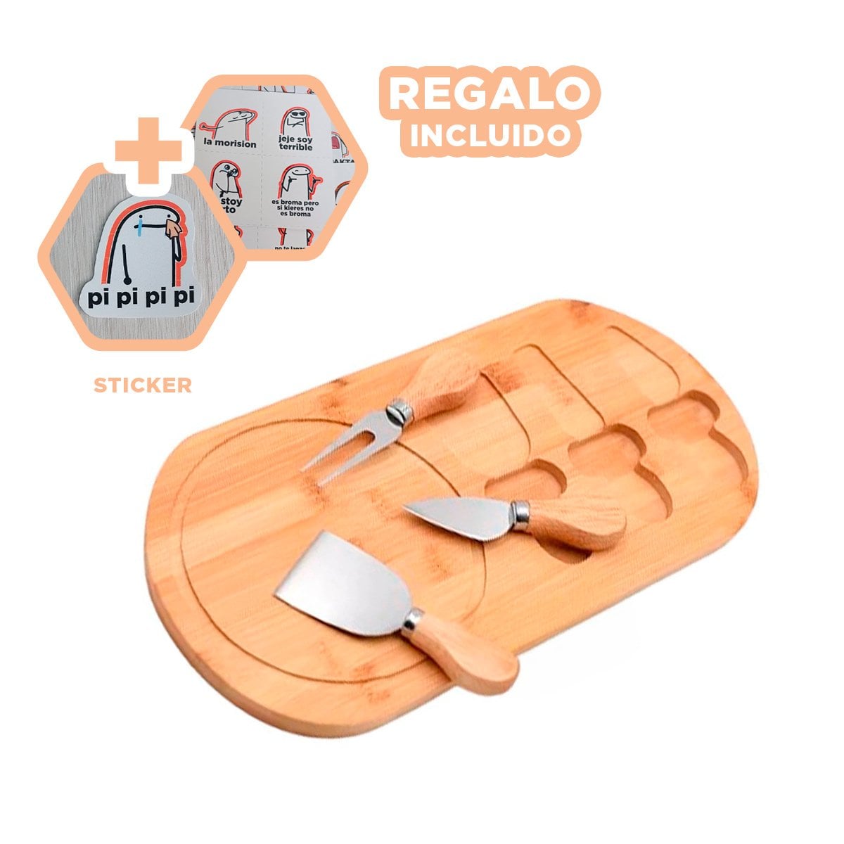 KIT GOURMET PARA QUESOS CON 3 CUCHILLOS Y TABLA DE PRESENTACION MADERA Y+REGALO STICKER - 1