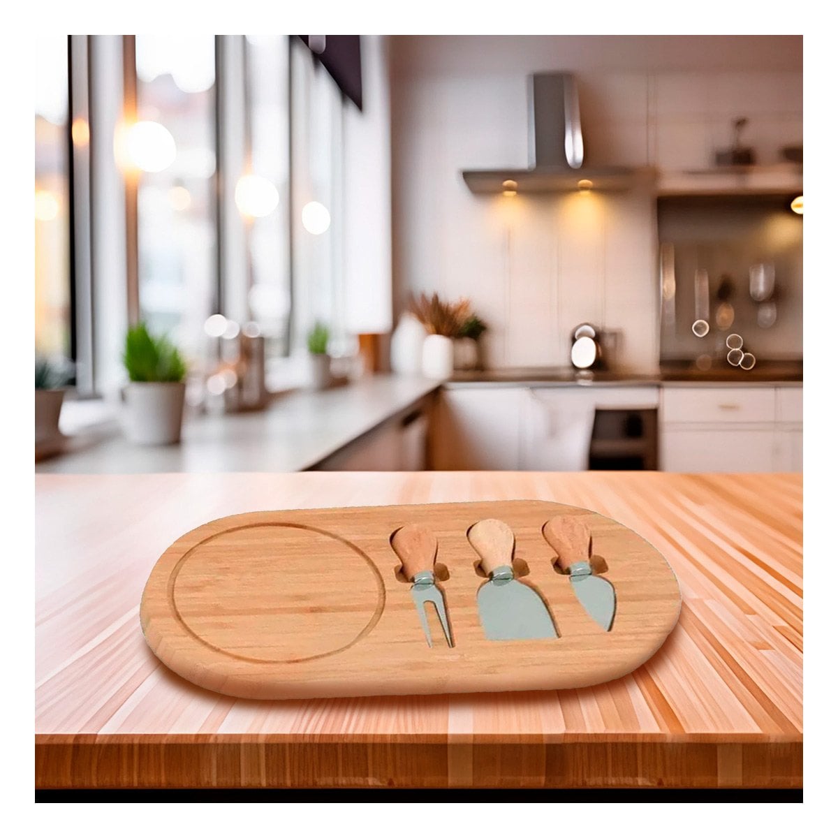 KIT GOURMET PARA QUESOS CON 3 CUCHILLOS Y TABLA DE PRESENTACION MADERA Y+REGALO STICKER - 2
