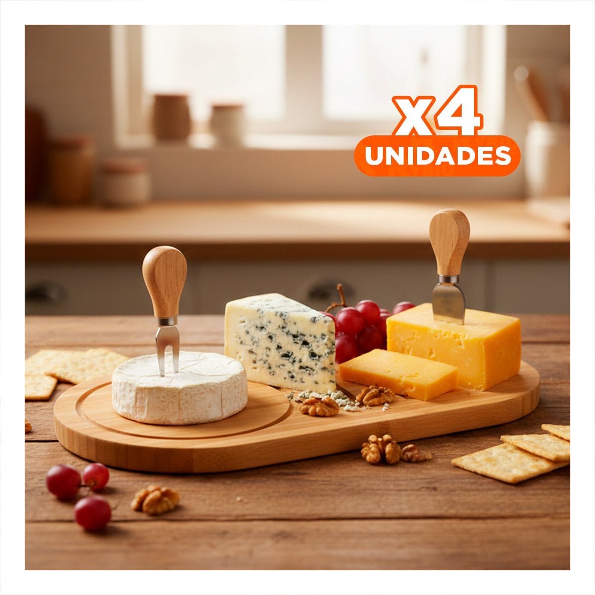 PACK4 CONJUNTO MULTIFUNCION PARA QUESOS Y FRUTAS CON TABLA DE MADERA MADERA - 1