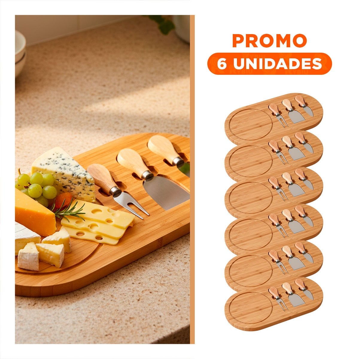 PACK6 HERRAMIENTA DE COCINA PARA CORTAR QUESOS CON 3 CUCHILLOS Y TABLA MADERA - 1