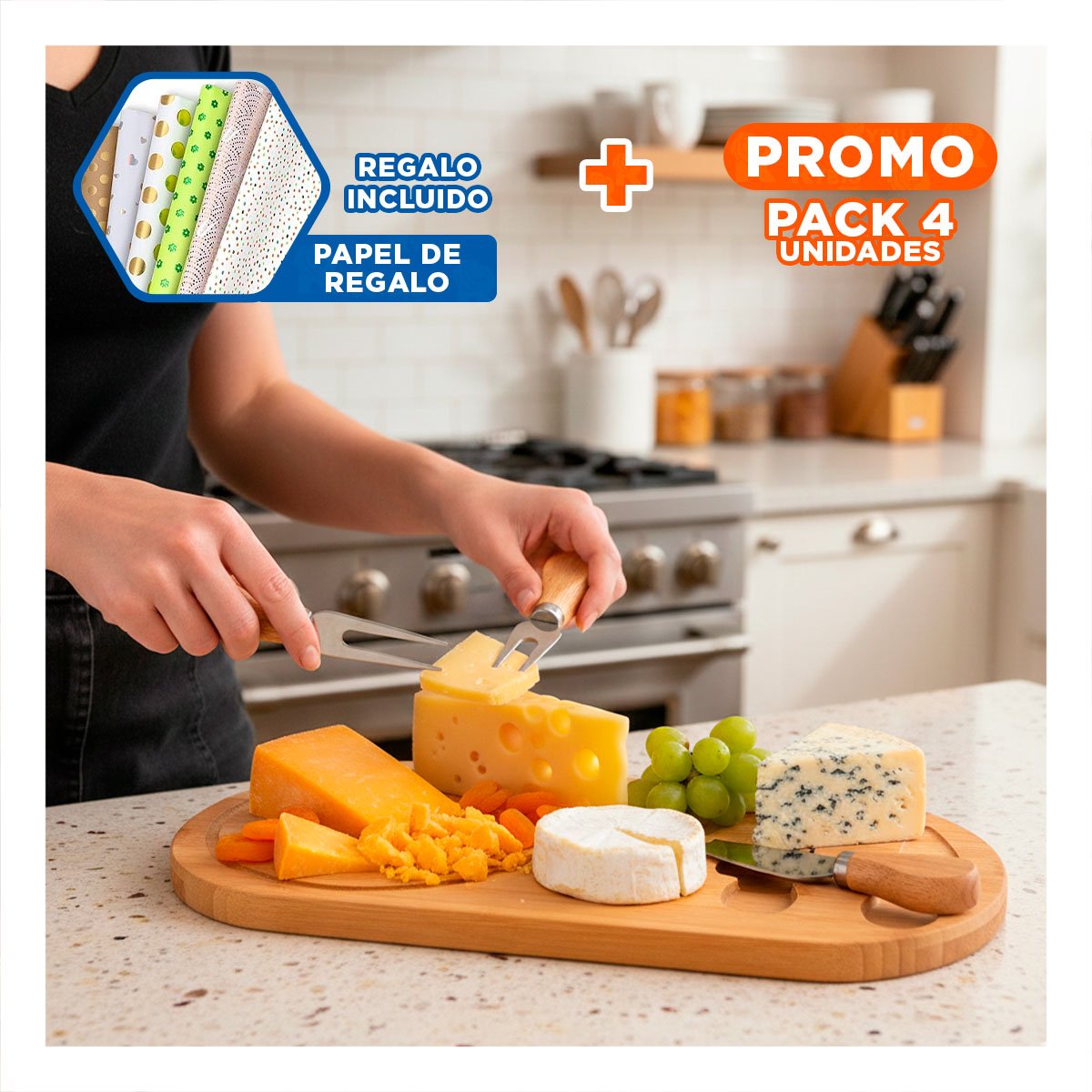 PACK4 CONJUNTO DE COCINA CON CUCHILLOS Y TABLA PARA REUNIONES MADERA Y+PAPEL REGALO - 1