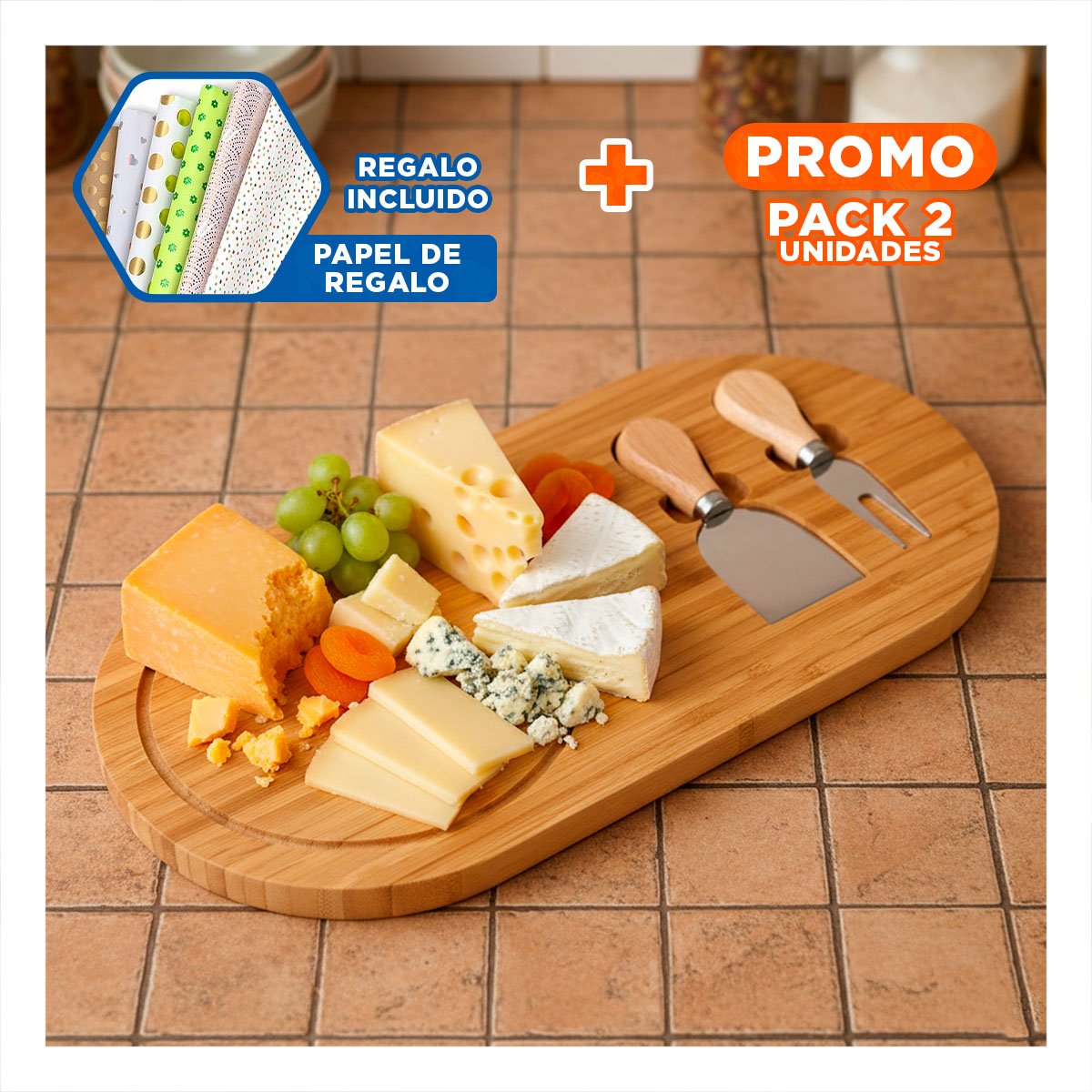 PACK2 CONJUNTO COMPLETO DE COCINA CON 3 CUCHILLOS PARA QUESOS Y SNACKS MADERA Y+PAPEL REGALO - 1