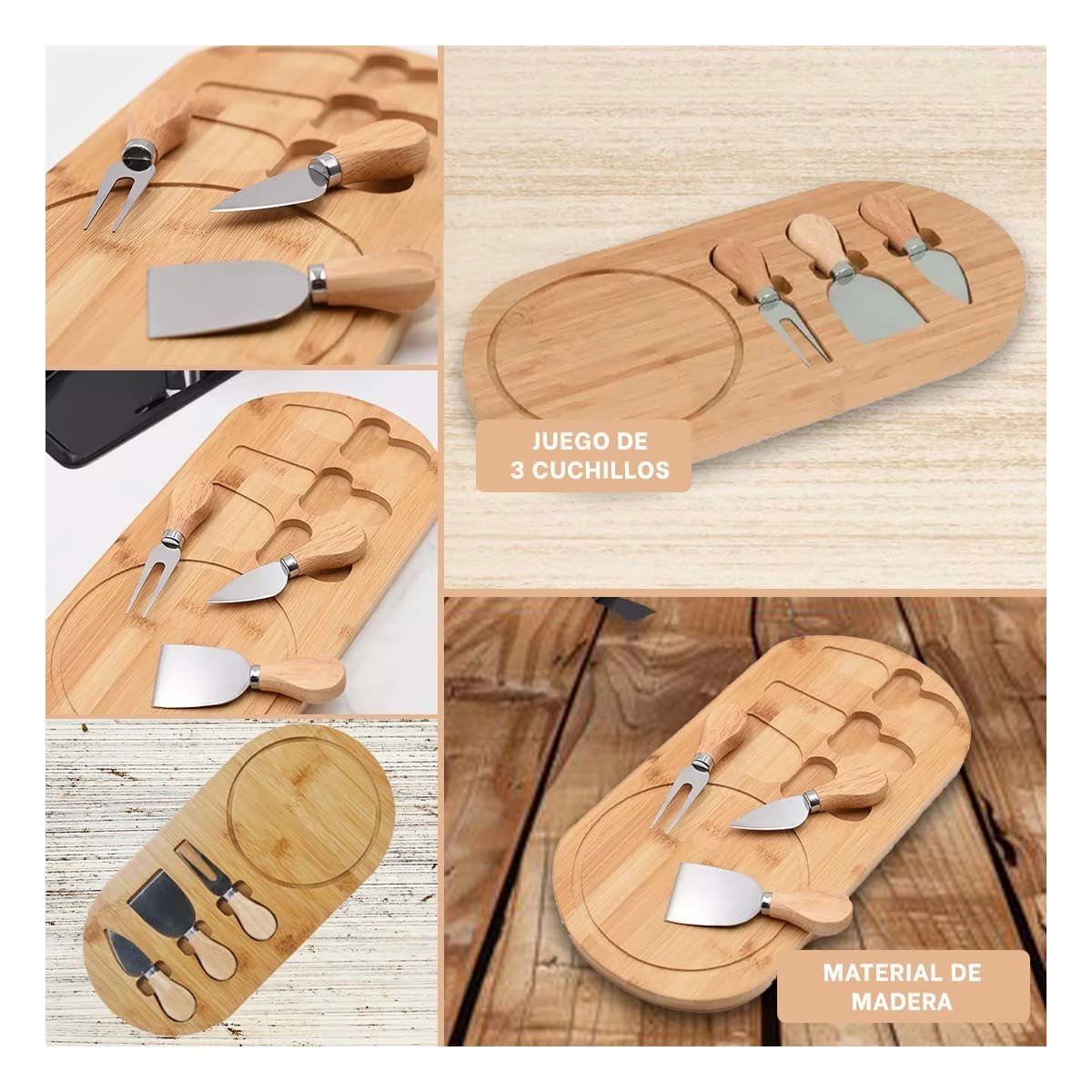 PACK2 CONJUNTO COMPLETO DE COCINA CON 3 CUCHILLOS PARA QUESOS Y SNACKS MADERA Y+PAPEL REGALO - 3