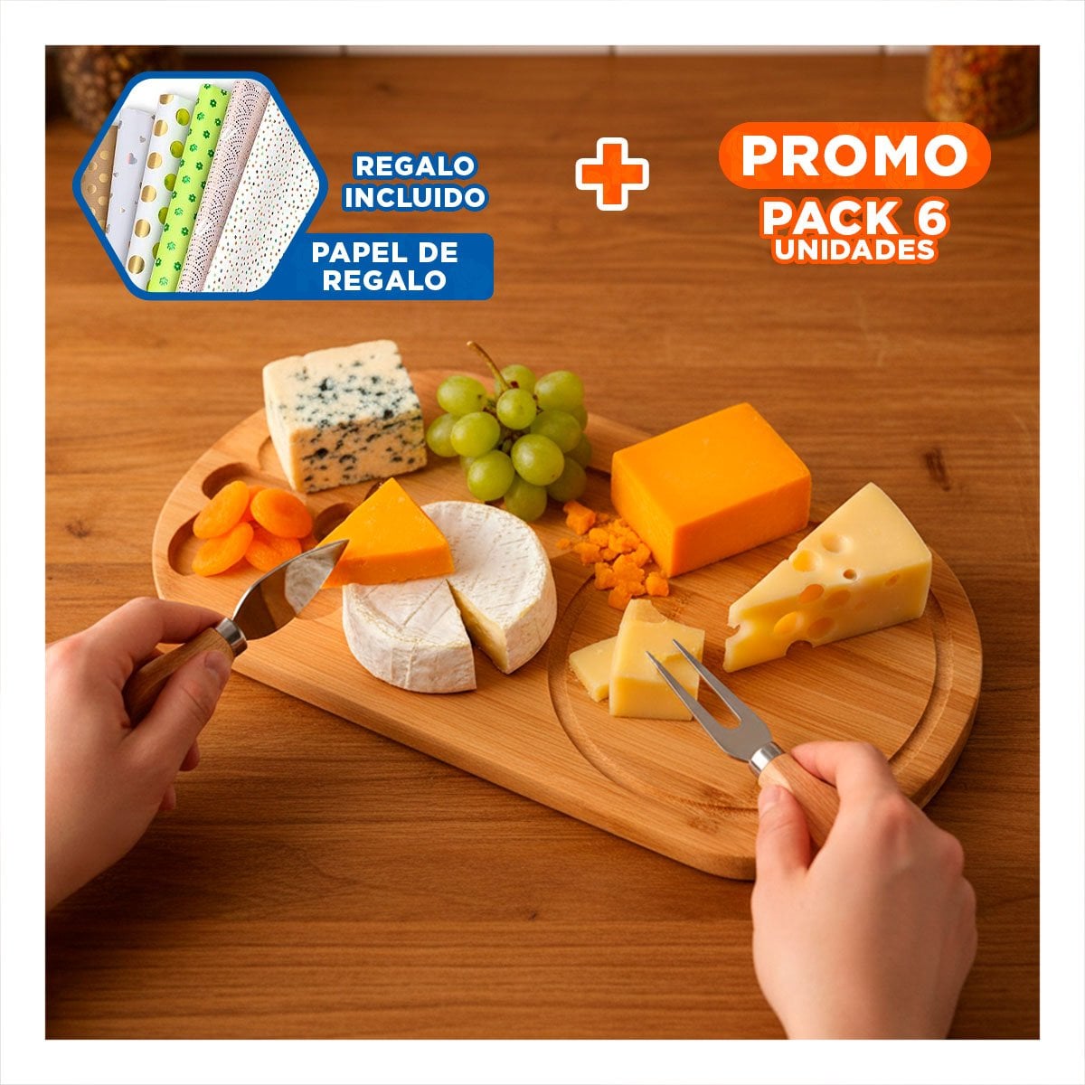 PACK6 HERRAMIENTA GOURMET CON TABLA DE MADERA Y CUCHILLOS PARA SERVIR QUESOS Y+PAPEL REGALO - 1