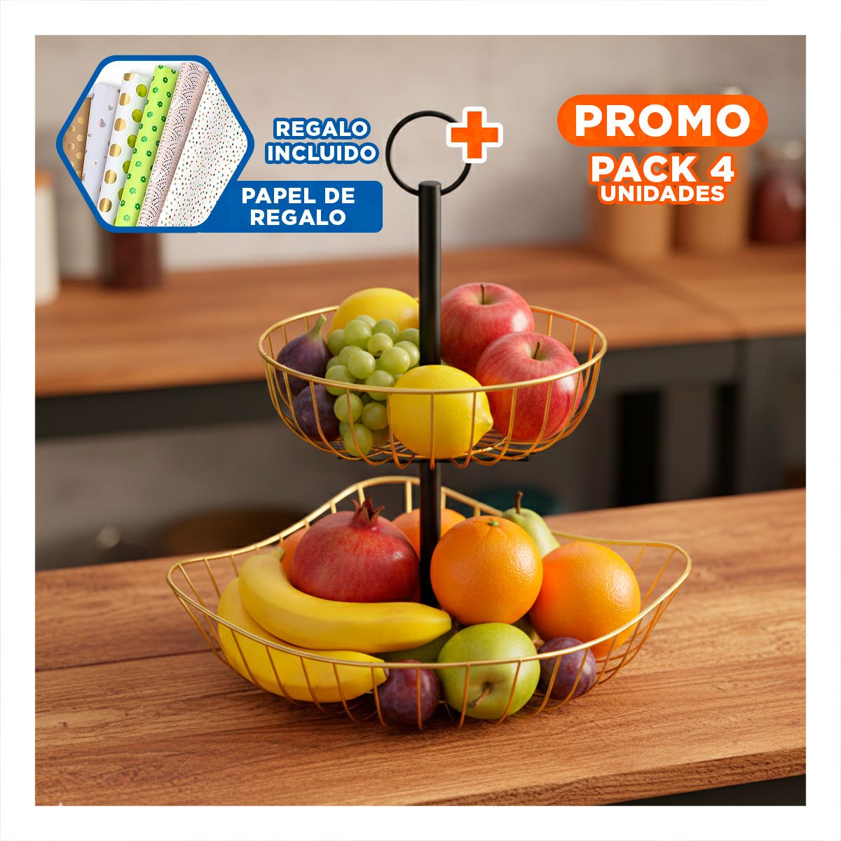 PACK4 EXPOSITOR COMPACTO DE 2 NIVELES PARA COCINA Y MESA DORADO Y+PAPEL REGALO - 1