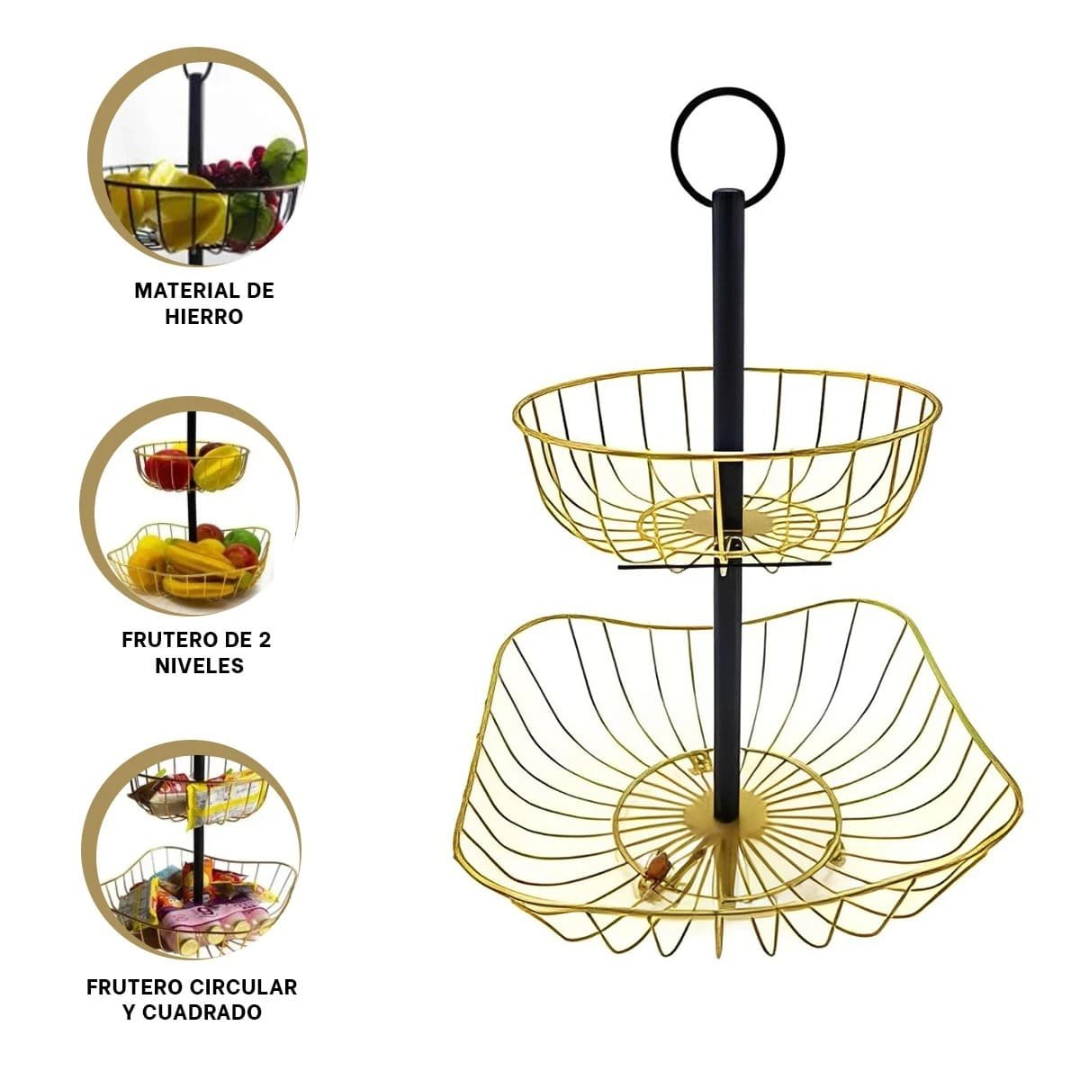 SOPORTE DE 2 NIVELES PARA FRUTAS Y PANES EN COCINA DORADO - 3