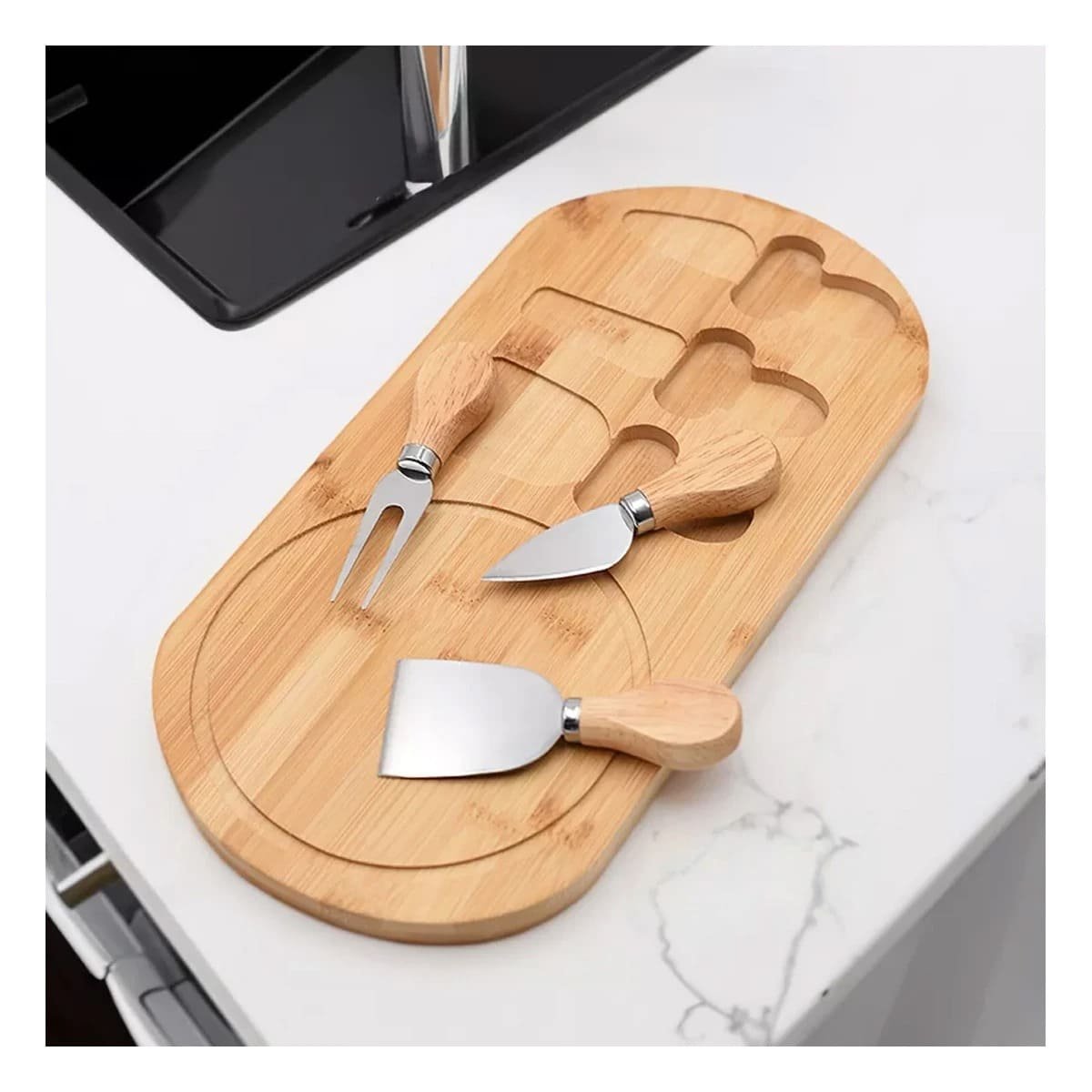 KIT DE COCINA CON CUCHILLOS ESPECIALES PARA QUESOS Y EMBUTIDOS MADERA Y+PAPEL REGALO - 2
