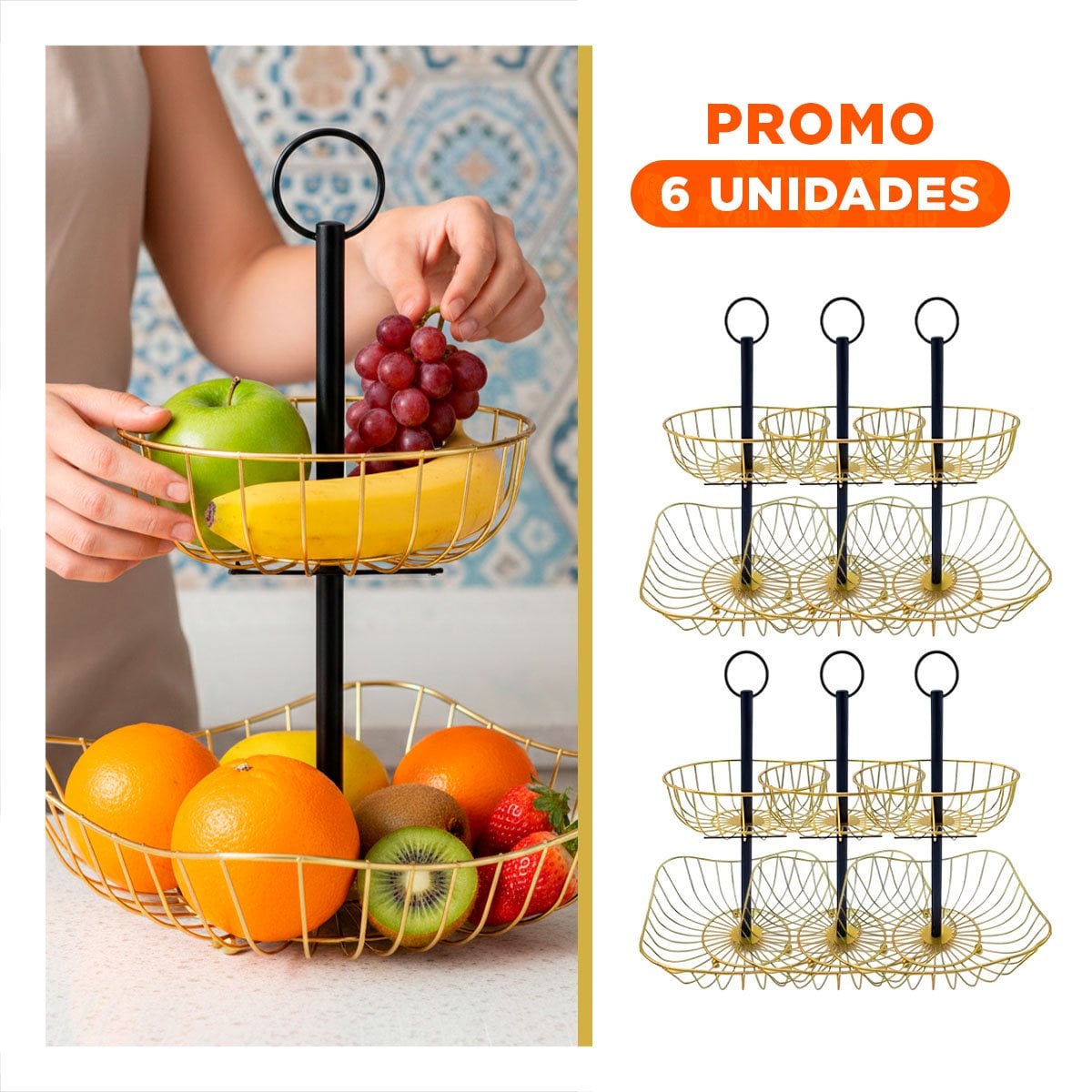 PACK6 TORRE DE FRUTAS CIRCULAR Y CUADRADA PARA EXHIBIR SNACKS DORADO - 1