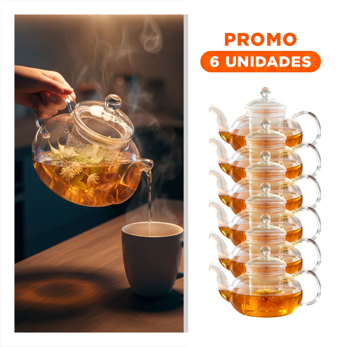 PACK6 HERVIDOR DE TE MODERNO DE VIDRIO TRANSPARENTE 800 ML - 1