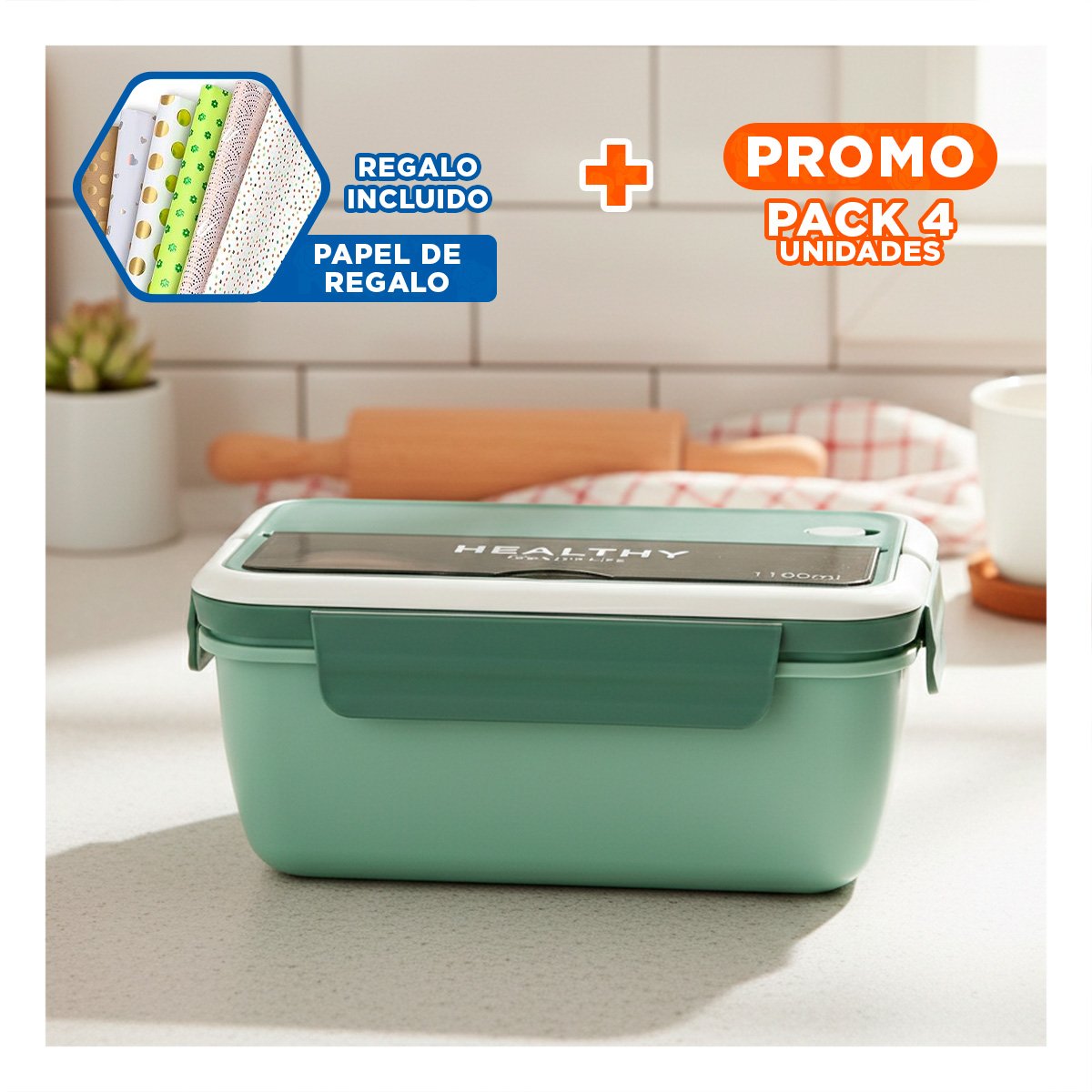 PACK4 CAJA RECTANGULAR CON CUBIERTOS PARA MERIENDAS INFANTILES 1100ML VERDE Y+PAPEL REGALO - 1