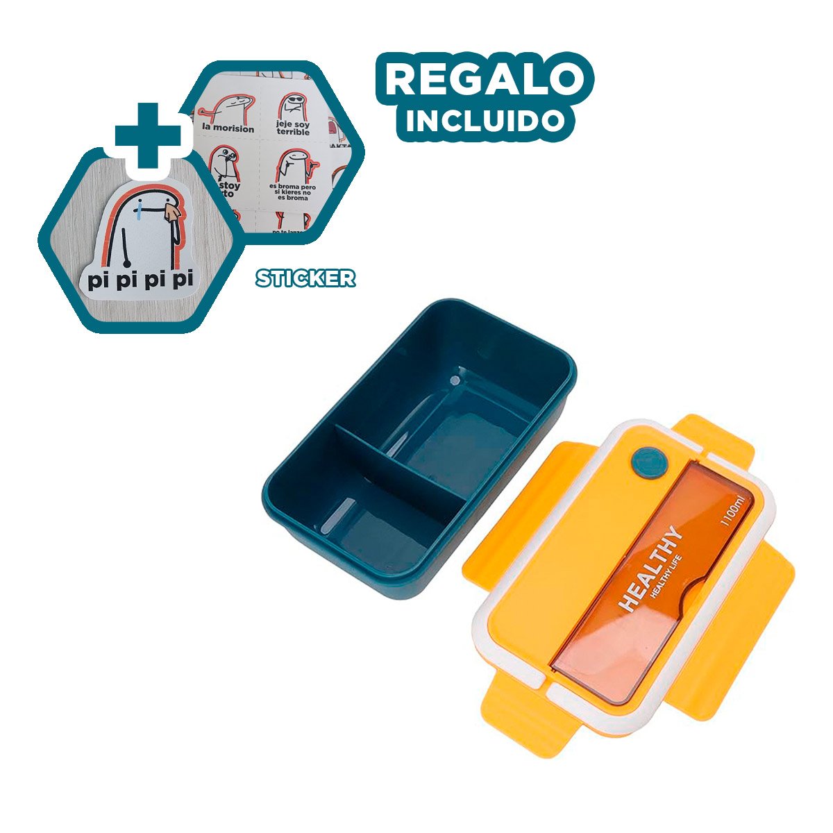 ENVASE CON CUBIERTOS PARA COMIDA DE TRABAJO Y ALMUERZOS 1100ML AMARILLO Y AZUL Y+REGALO STICKER - 1