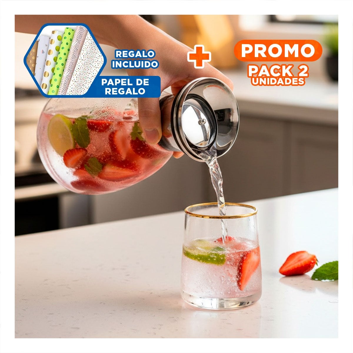PACK2 ENVASE PARA AGUA Y JUGOS DIARIOS PARA ACOMPAÑAR TRANSPARENTE 1600 ML Y+PAPEL REGALO - 1