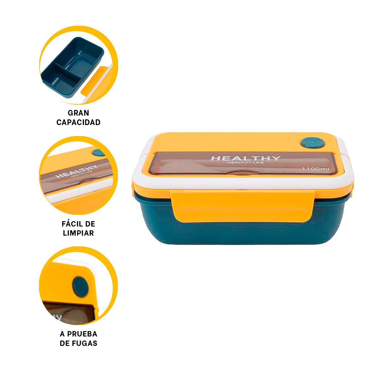 ENVASE CON CUBIERTOS PARA LLEVAR COMIDA Y SNACKS 1100ML AMARILLO Y AZUL - 3
