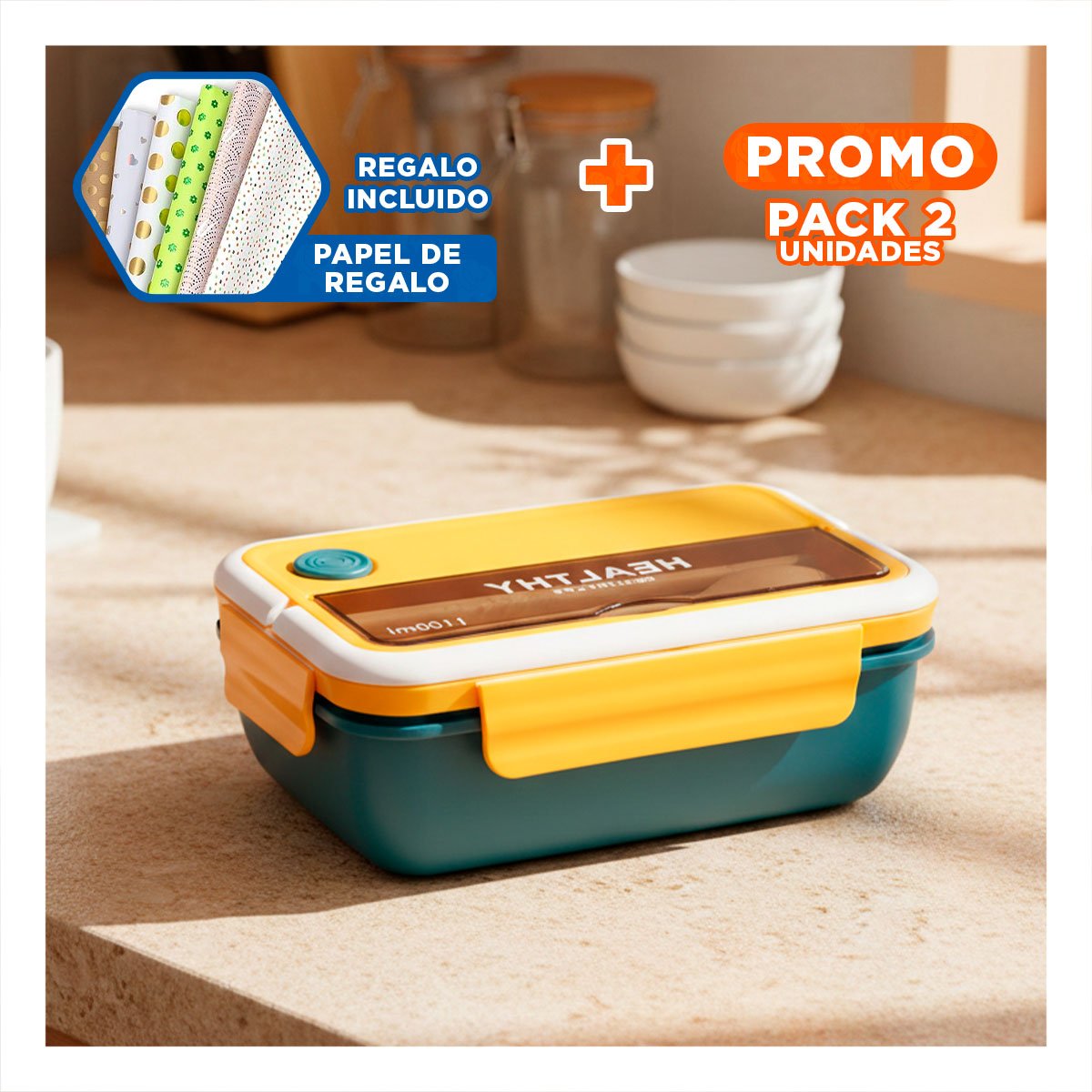 PACK2 CAJA CON CUBIERTOS PARA COMIDA DE OFICINA Y PICNIC 1100ML AMARILLO Y AZUL Y+PAPEL REGALO - 1
