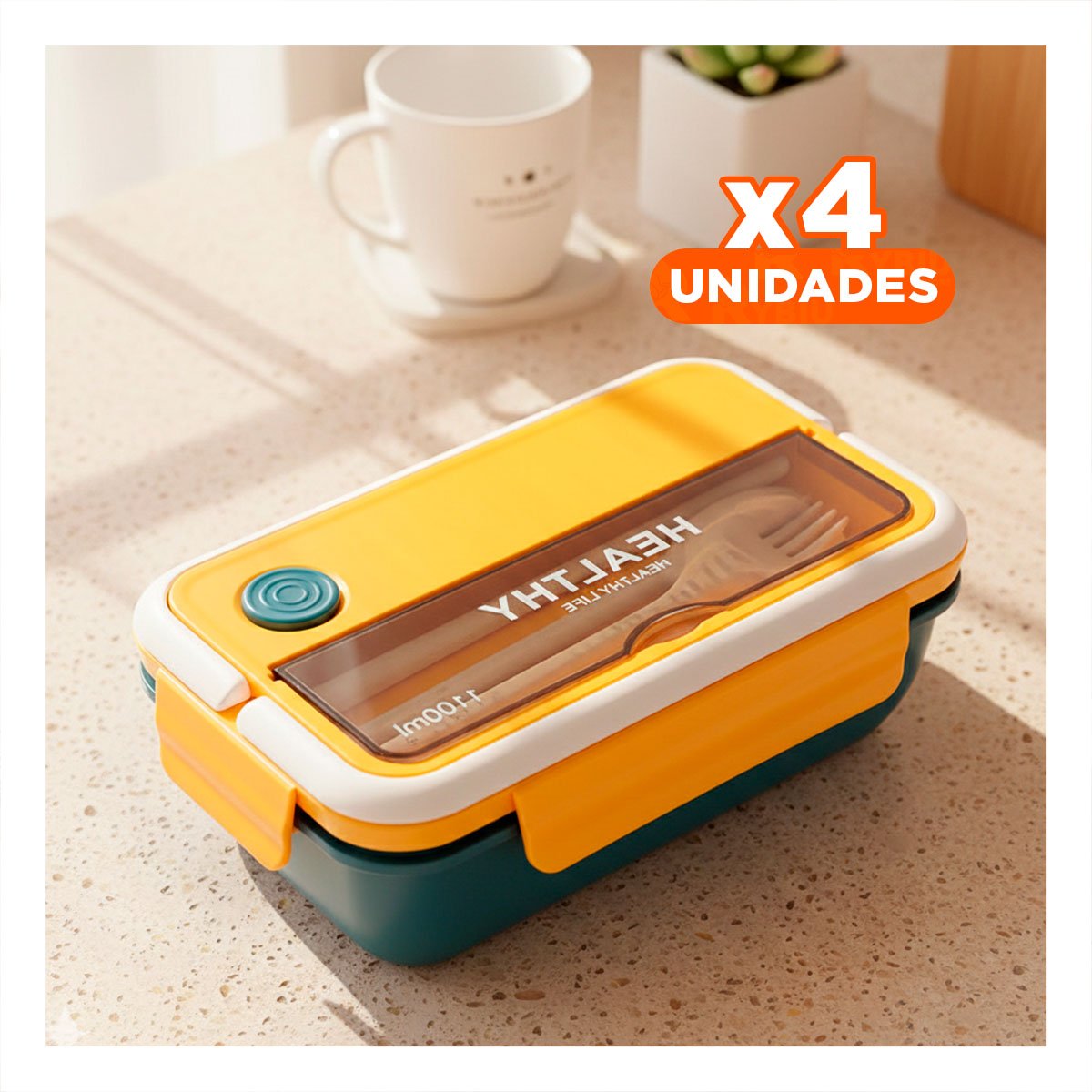 PACK4 CAJA CON CUBIERTOS PARA GUARDAR COMIDA CASERA Y BOCADILLOS 1100ML AMARILLO Y AZUL - 1
