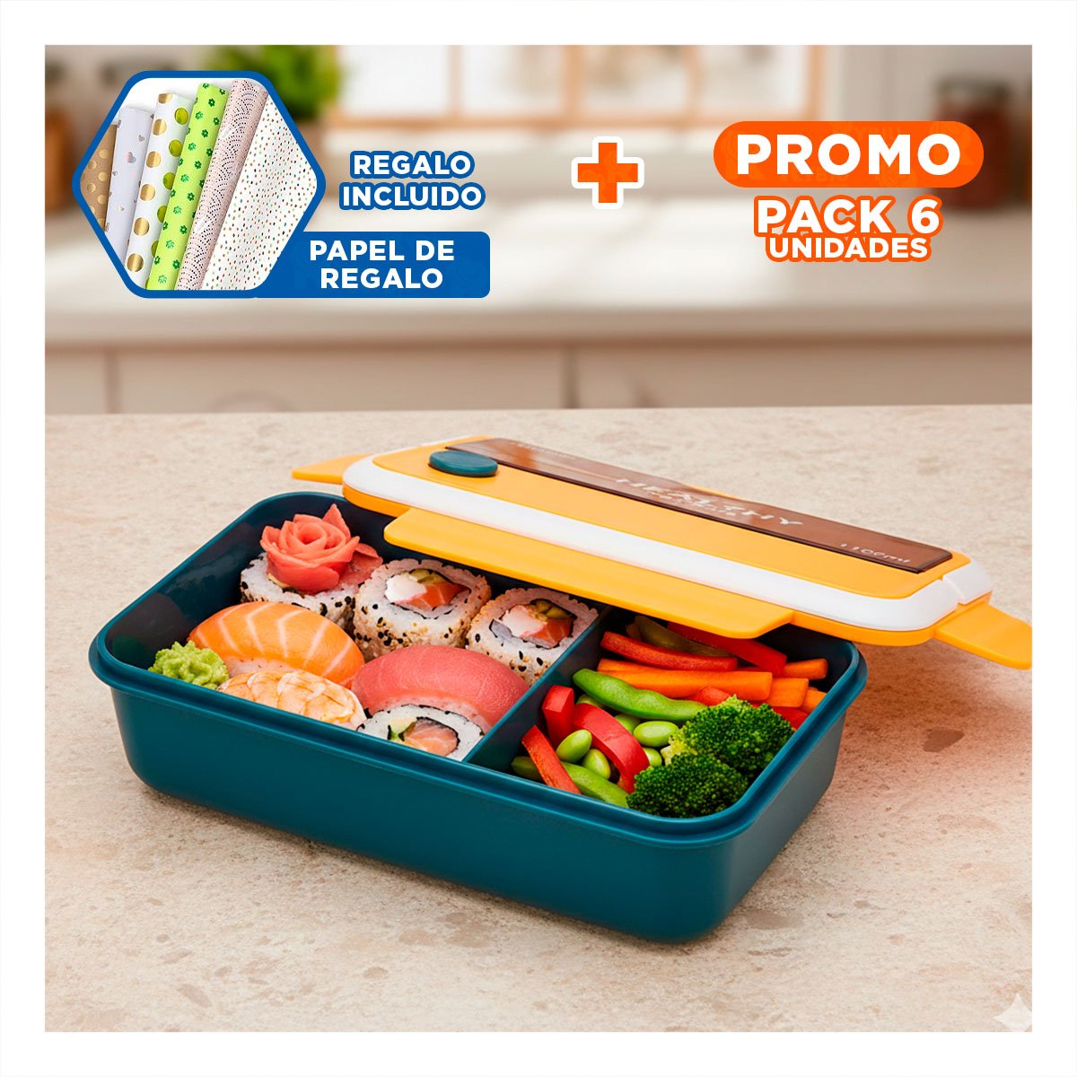 PACK6 POTE CON CUBIERTOS PARA MERIENDAS SALUDABLES 1100ML AMARILLO Y AZUL Y+PAPEL REGALO - 1