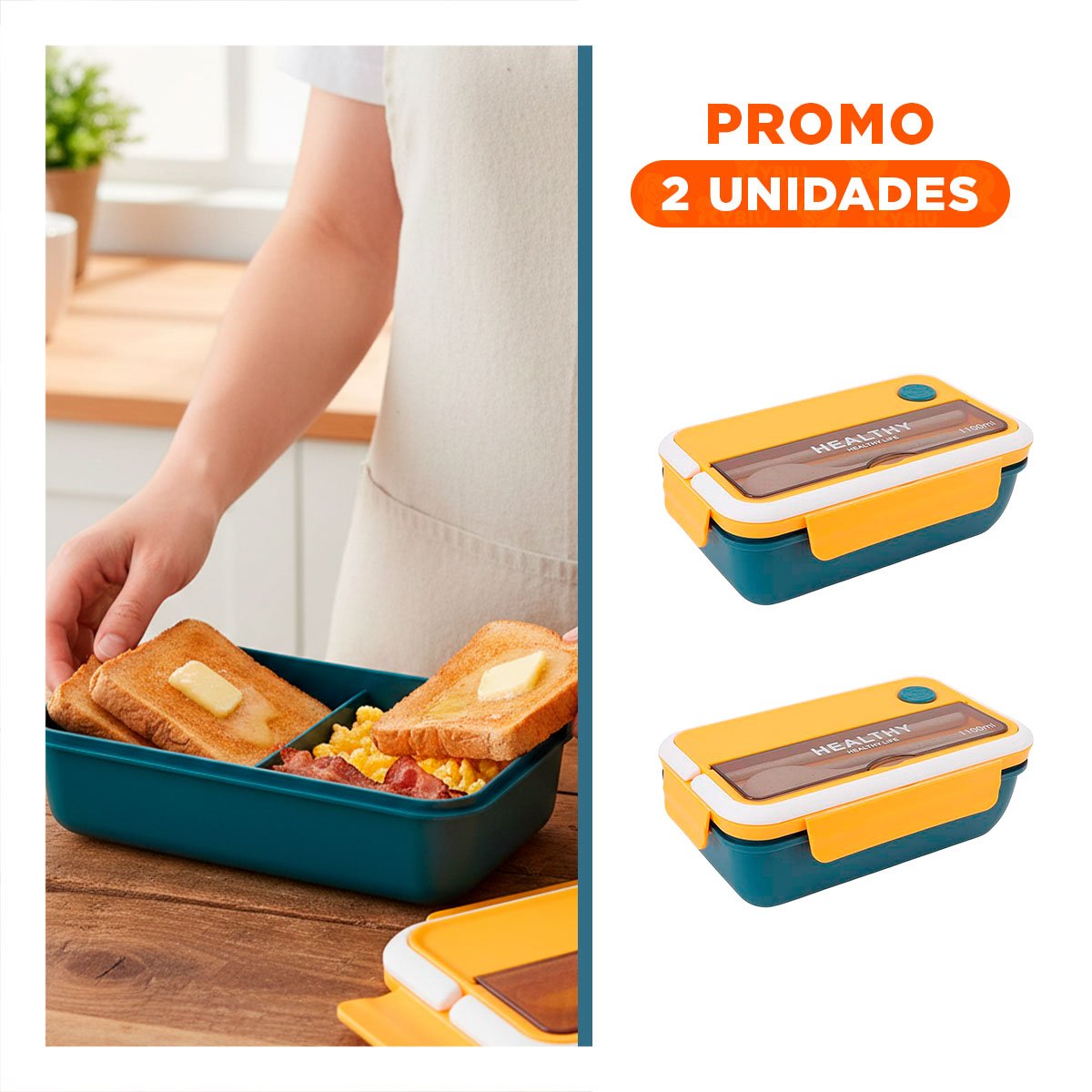 PACK2 CAJA CON CUBIERTOS PARA ALMUERZOS PARA LLEVAR 1100ML AMARILLO Y AZUL - 1