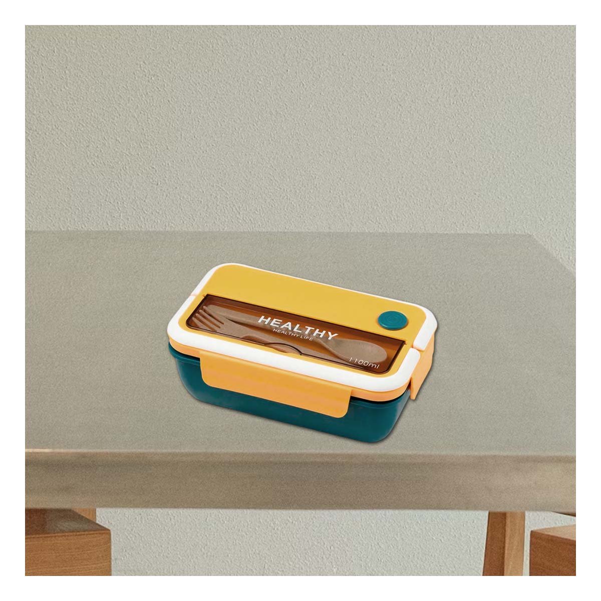 PACK2 CAJA CON CUBIERTOS PARA ALMUERZOS PARA LLEVAR 1100ML AMARILLO Y AZUL - 2