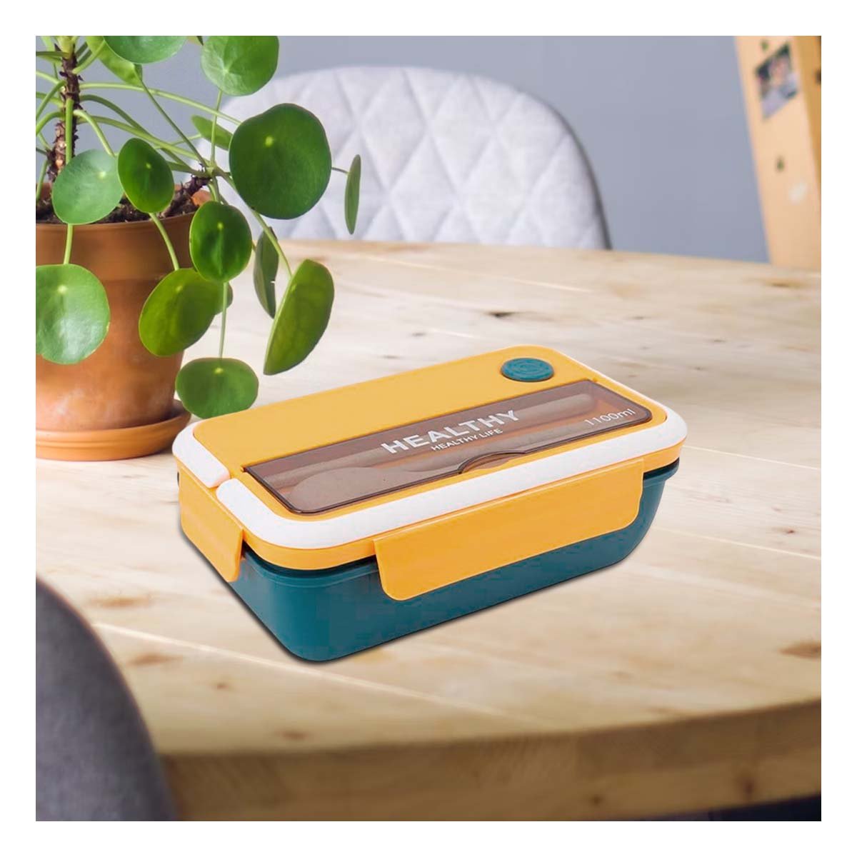 PACK2 CAJA CON CUBIERTOS PARA ALMUERZOS PARA LLEVAR 1100ML AMARILLO Y AZUL - 5