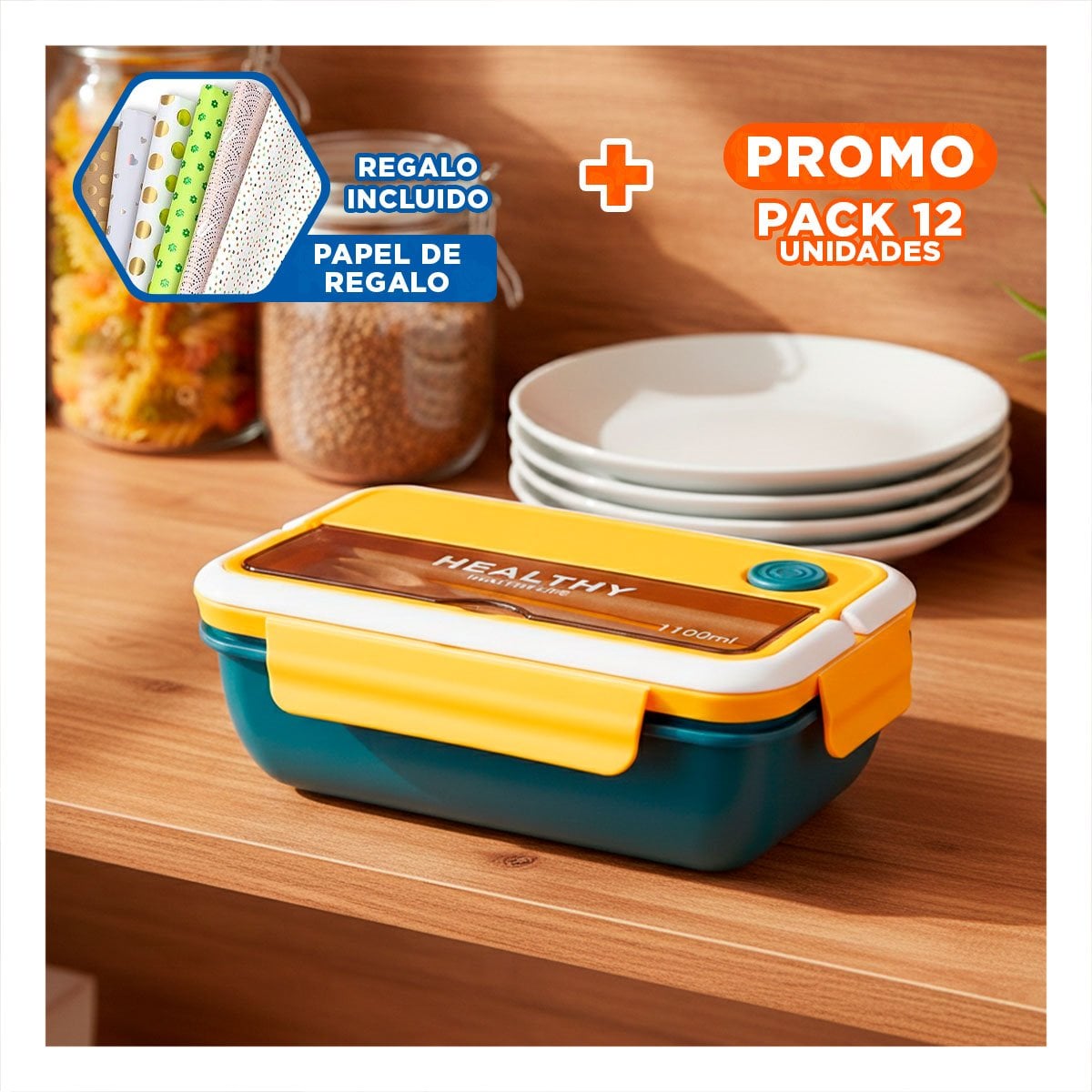PACK12 MODULAR CON CUBIERTOS PARA MERIENDAS SALUDABLES 1100ML AMARILLO Y AZUL Y+PAPEL REGALO - 1