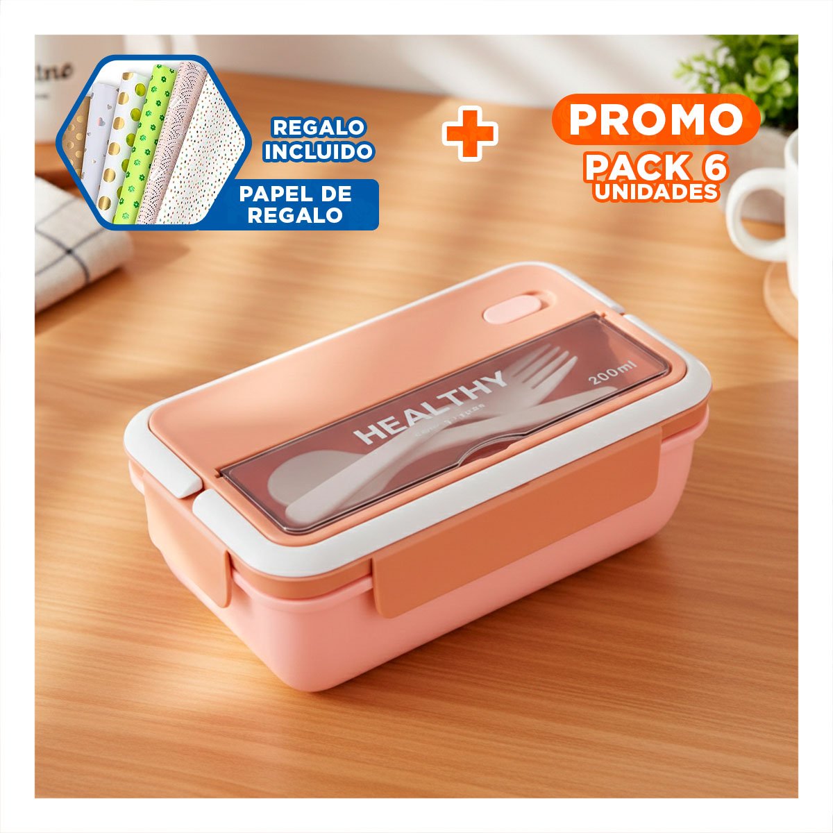 PACK6 ORGANIZADORES HERMETICOS PARA COMIDA FRESCA 1100ML Y CUBIERTOS MELON Y+PAPEL REGALO - 1