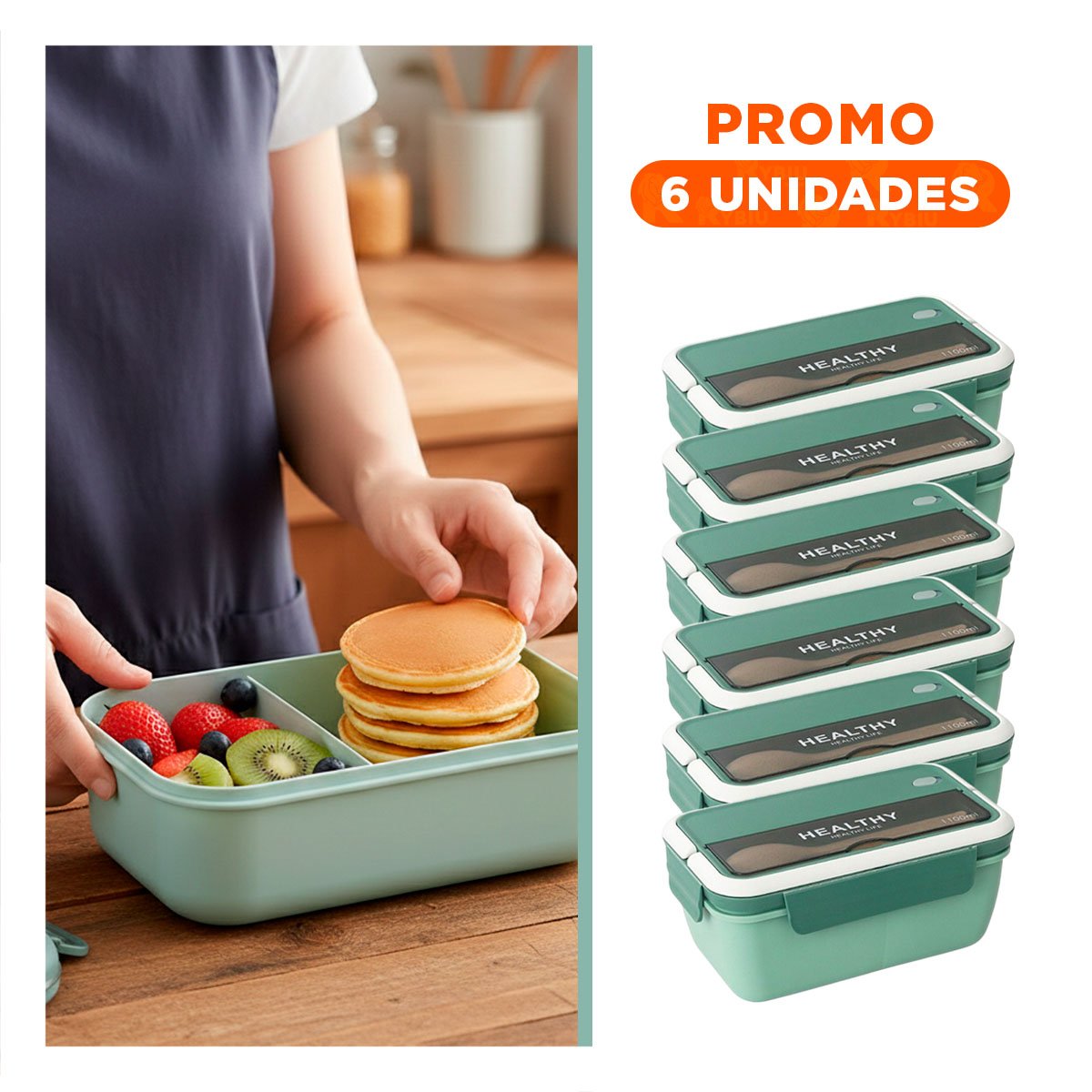 PACK6 CUBETA RECTANGULAR CON CUBIERTOS PARA GUARDAR ALMUERZOS 1100ML VERDE - 1