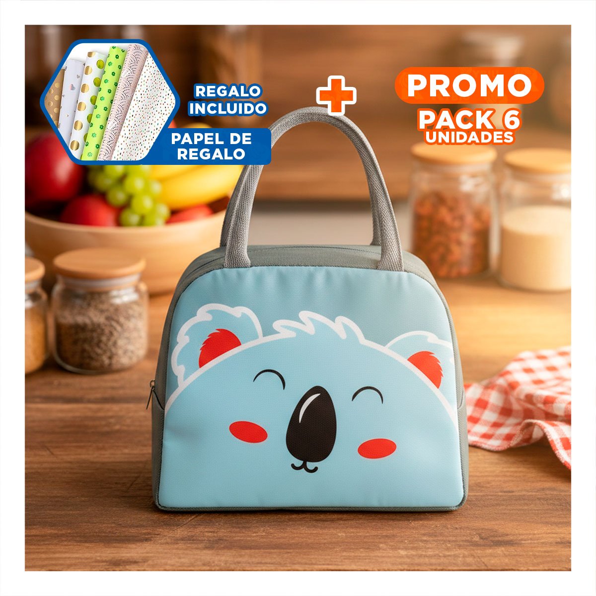 PACK6 BOLSA DE ALMUERZO TERMICA PARA OFICINA Y ESCUELA KOALA PLOMO OSCURO Y+PAPEL REGALO - 1