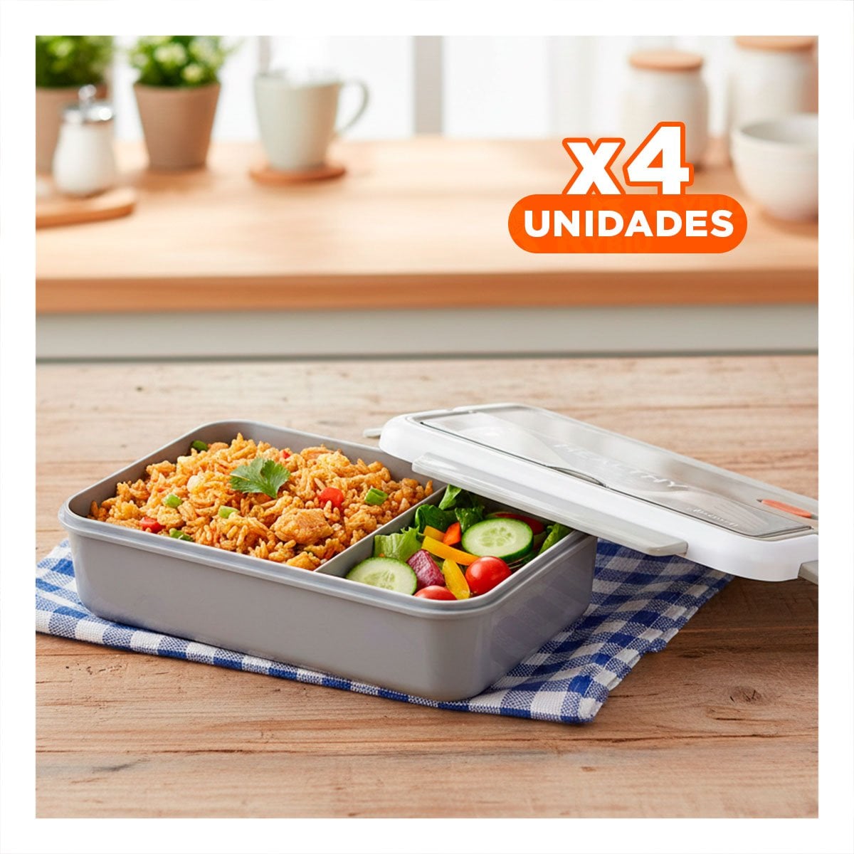 PACK4 CONSERVADOR SEGURO PARA COMIDA Y ALMACENAJE 1100ML Y CUBIERTOS PLOMO - 1