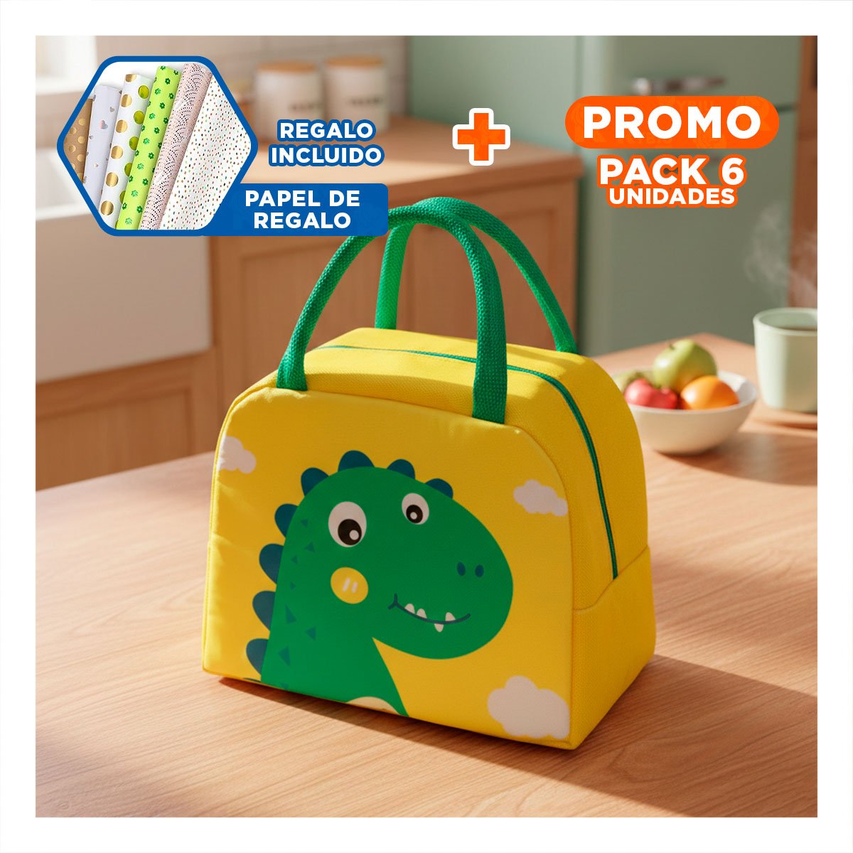 PACK6 RECIPIENTE ALIMENTICIO TERMICO FACIL DE ABRIR Y CERRAR DINOSAURIO AMARILLO Y+PAPEL REGALO - 1