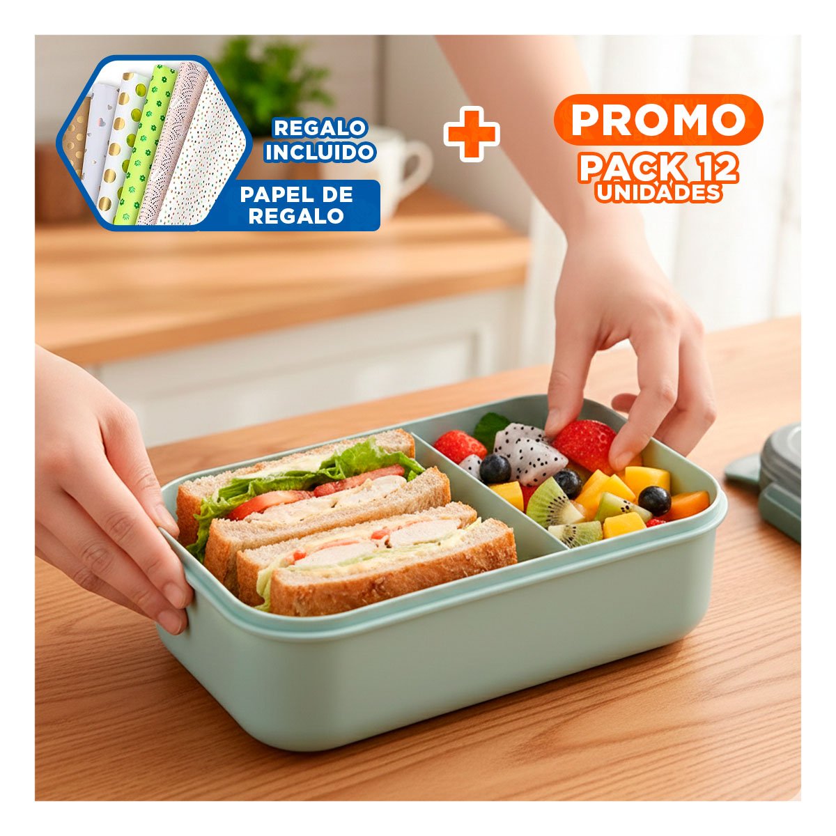 PACK12 POTE RECTANGULAR CON CUBIERTOS PARA LLEVAR COMIDA 1100ML VERDE Y+PAPEL REGALO - 1