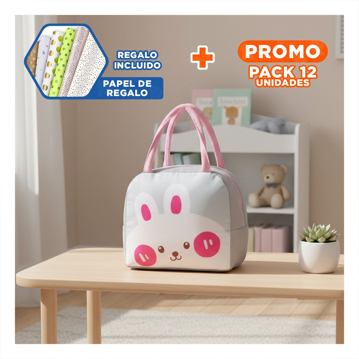 PACK12 CAJA DE ALMUERZO TERMICA CON COMPARTIMENTOS INTERNOS CONEJO PLOMO CLARO Y+PAPEL REGALO - 1