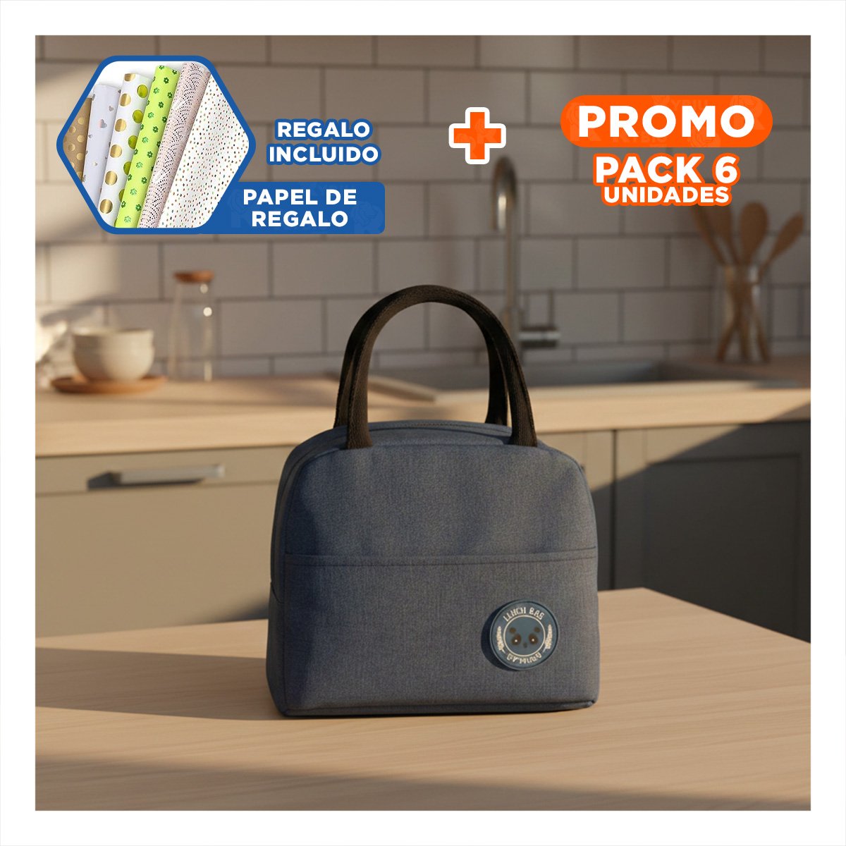 PACK6 MOCHILA TERMICA PRACTICA PARA LLEVAR ETIQUETA OSO AZUL MARINO Y+PAPEL REGALO - 1