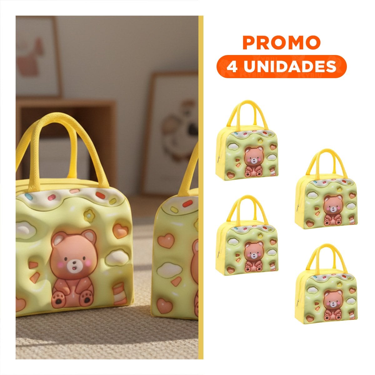PACK4 LUNCH BOX KAWAII OSO AMPLIA PARA ALIMENTOS AMARILLO Y+REGALO STICKER - 1